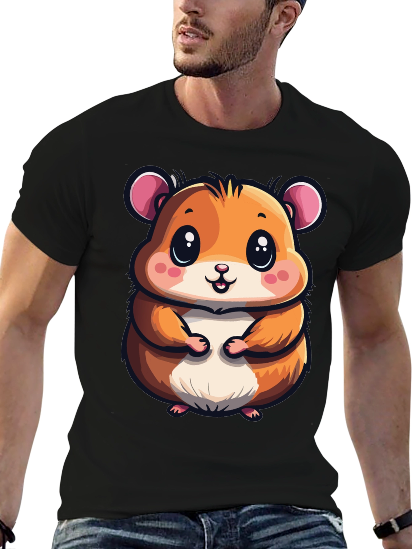 Cute Hamster Graphic Tee - Black Casual T-Shirt