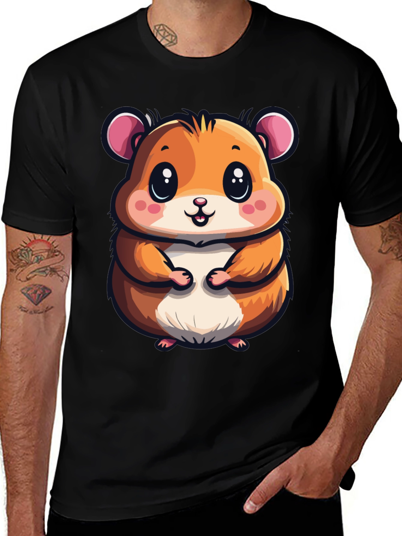 Cute Hamster Graphic Tee - Black Casual T-Shirt