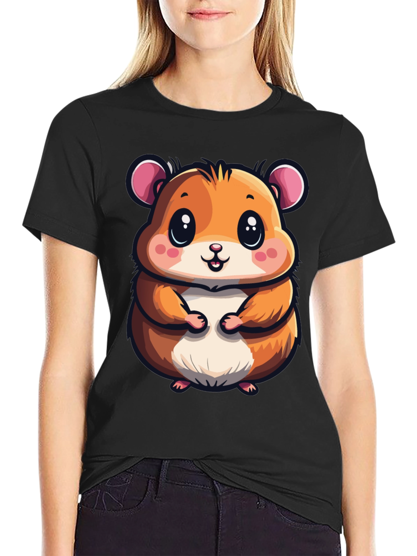 Cute Hamster Graphic Tee - Black Casual T-Shirt
