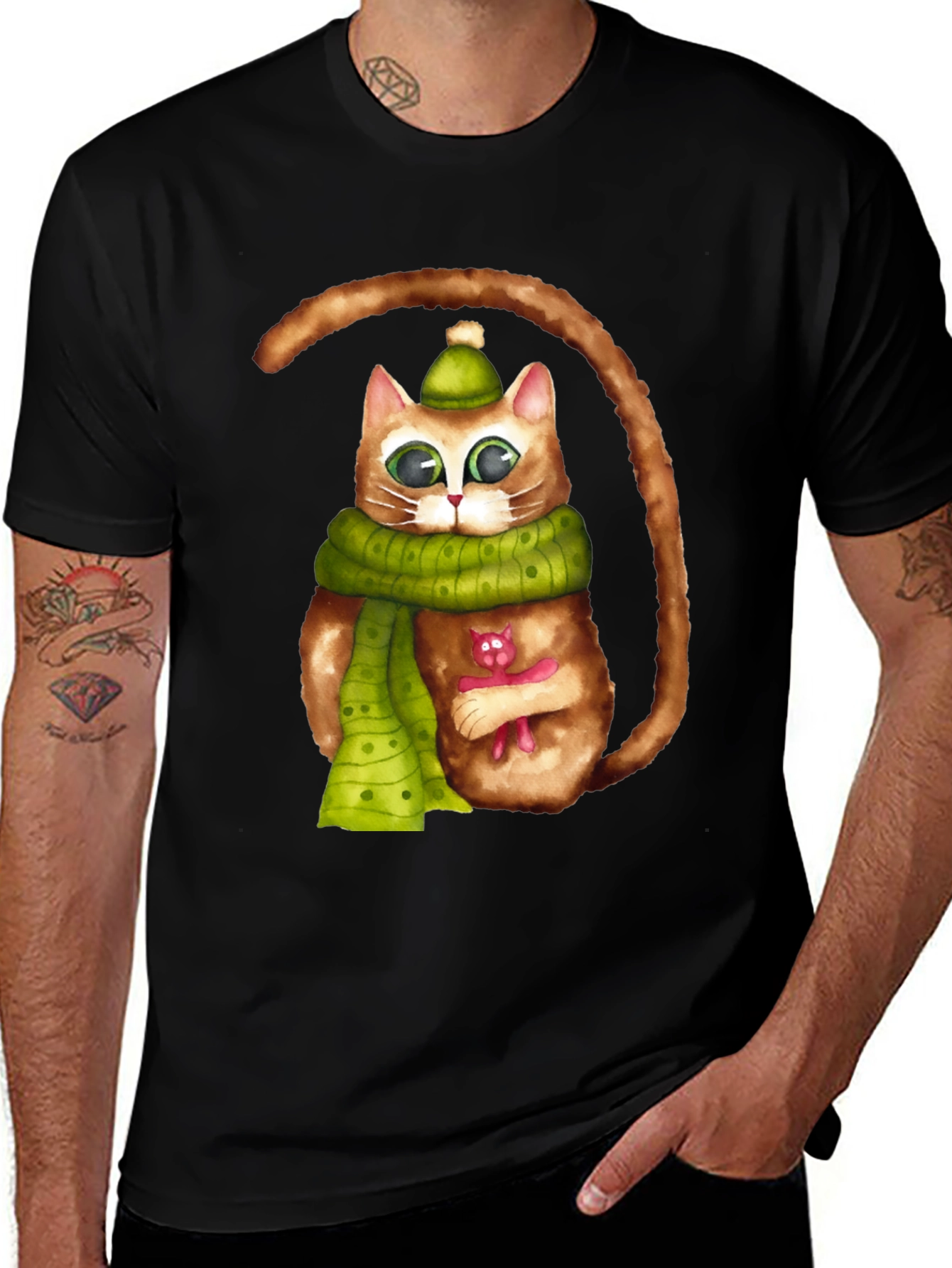 Whimsical Cat in Scarf Graphic Tee