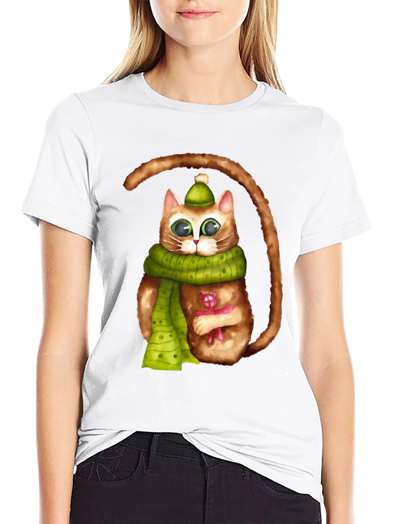 Whimsical Cat in Scarf Graphic Tee