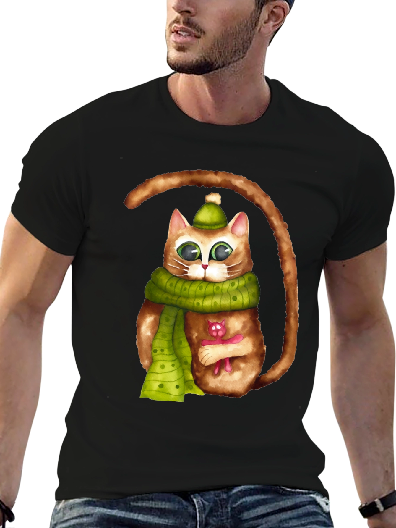 Whimsical Cat in Scarf Graphic Tee