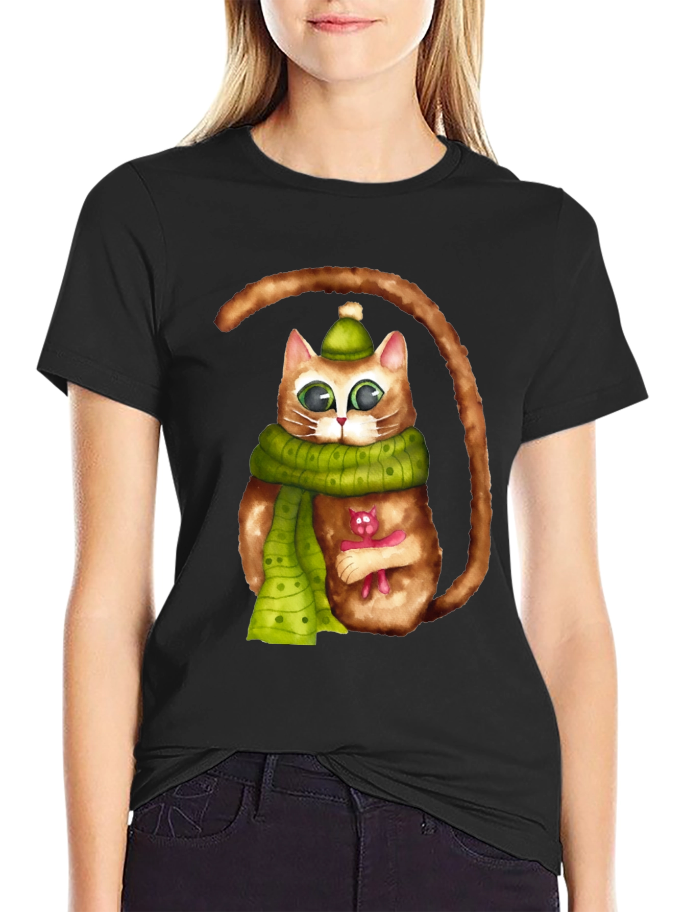 Whimsical Cat in Scarf Graphic Tee