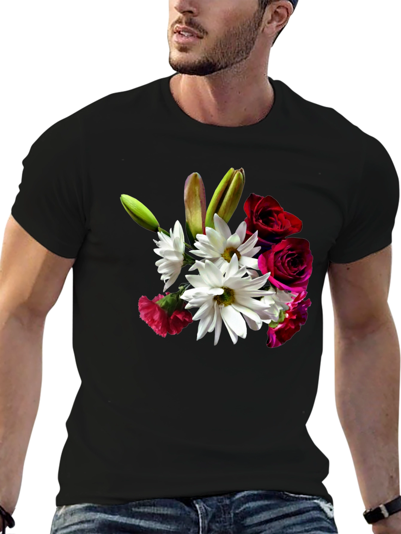 Floral Bouquet Graphic Tee - Black Casual T-Shirt