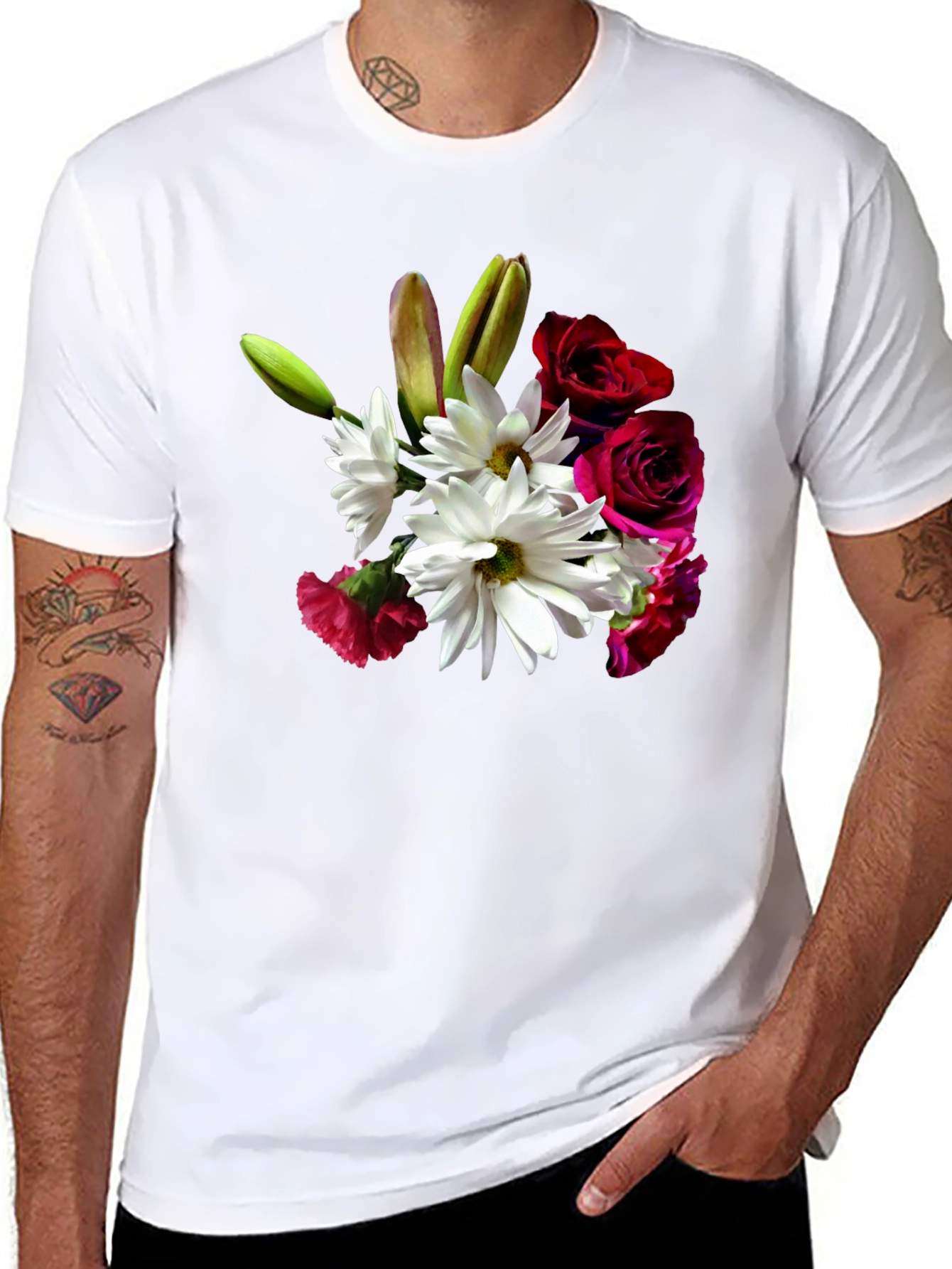 Floral Bouquet Graphic Tee - Black Casual T-Shirt