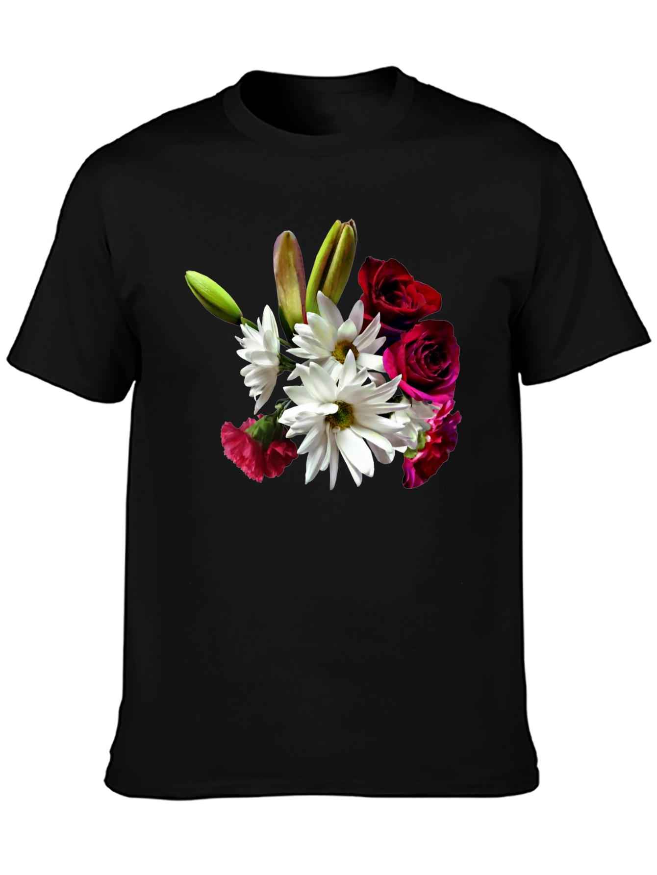 Floral Bouquet Graphic Tee - Black Casual T-Shirt