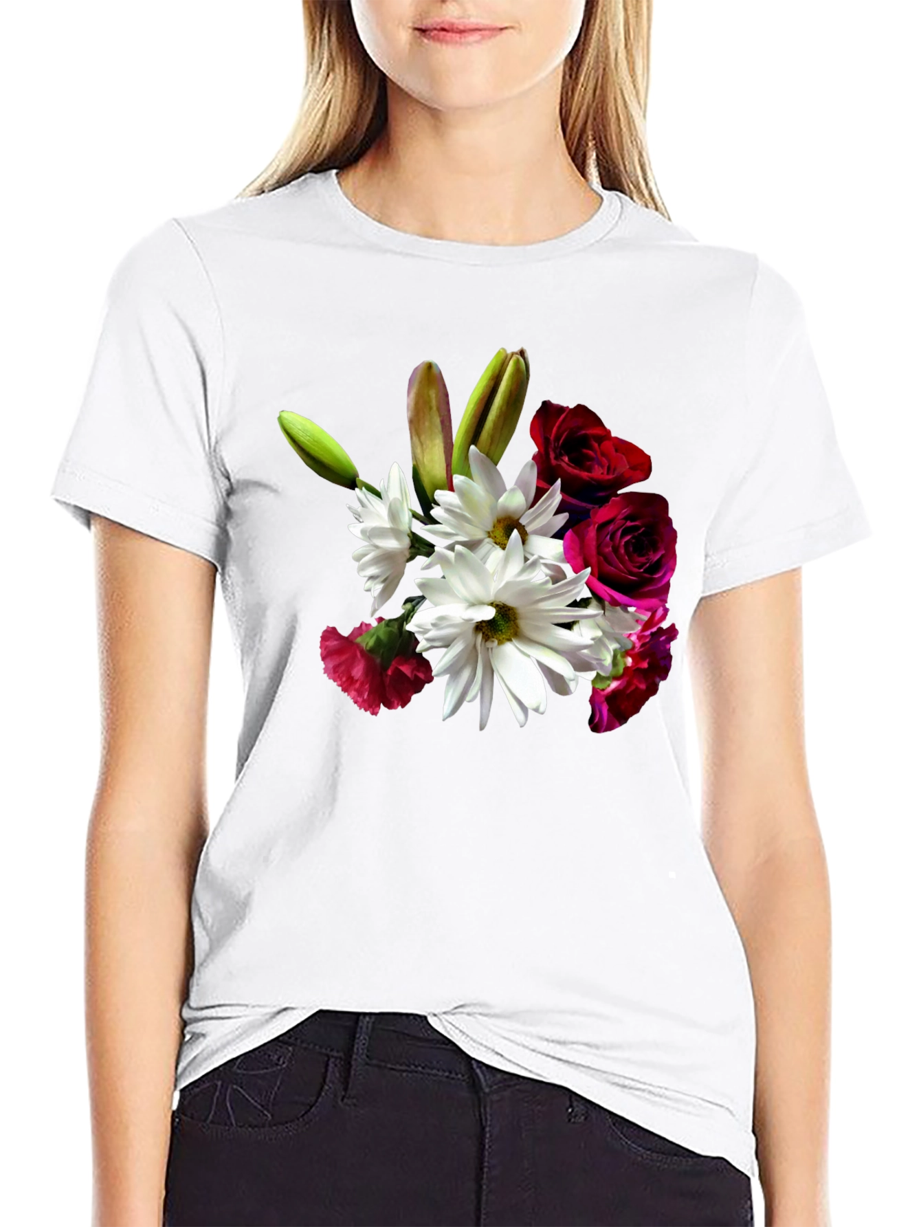 Floral Bouquet Graphic Tee - Black Casual T-Shirt