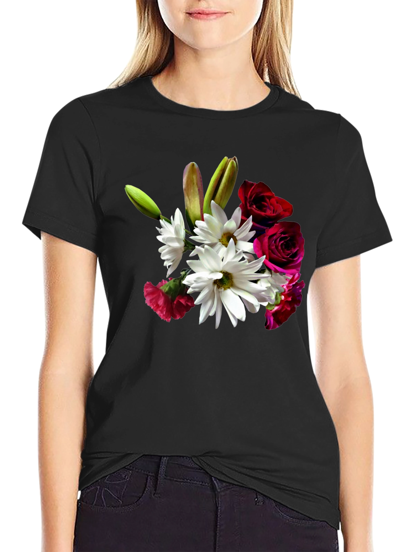 Floral Bouquet Graphic Tee - Black Casual T-Shirt