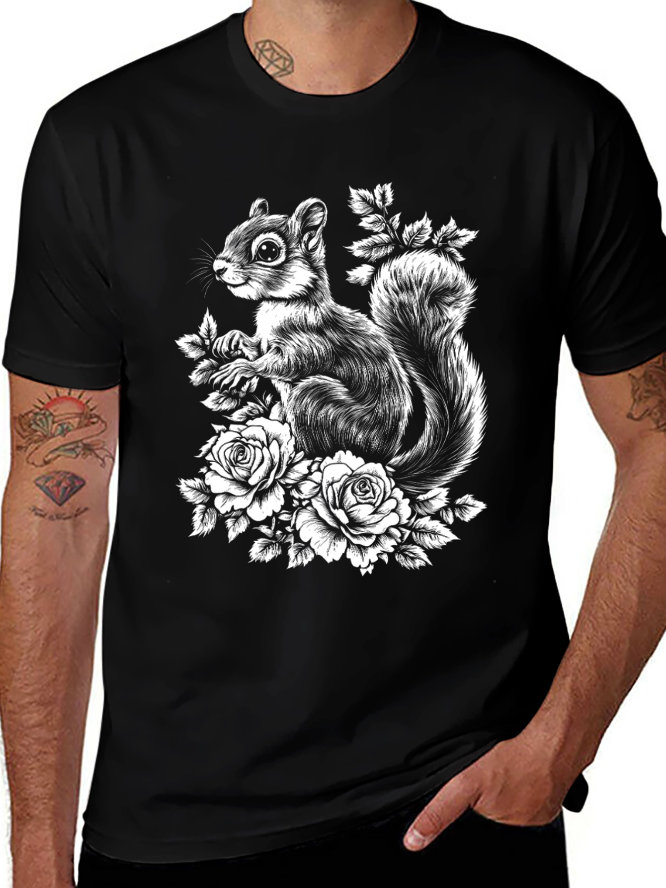 Squirrel & Roses Graphic Tee - Black Cotton Blend