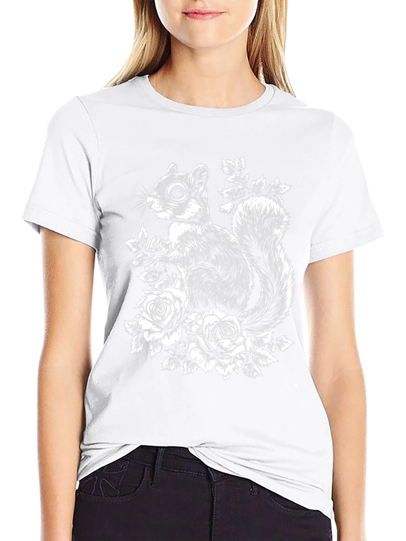 Squirrel & Roses Graphic Tee - Black Cotton Blend