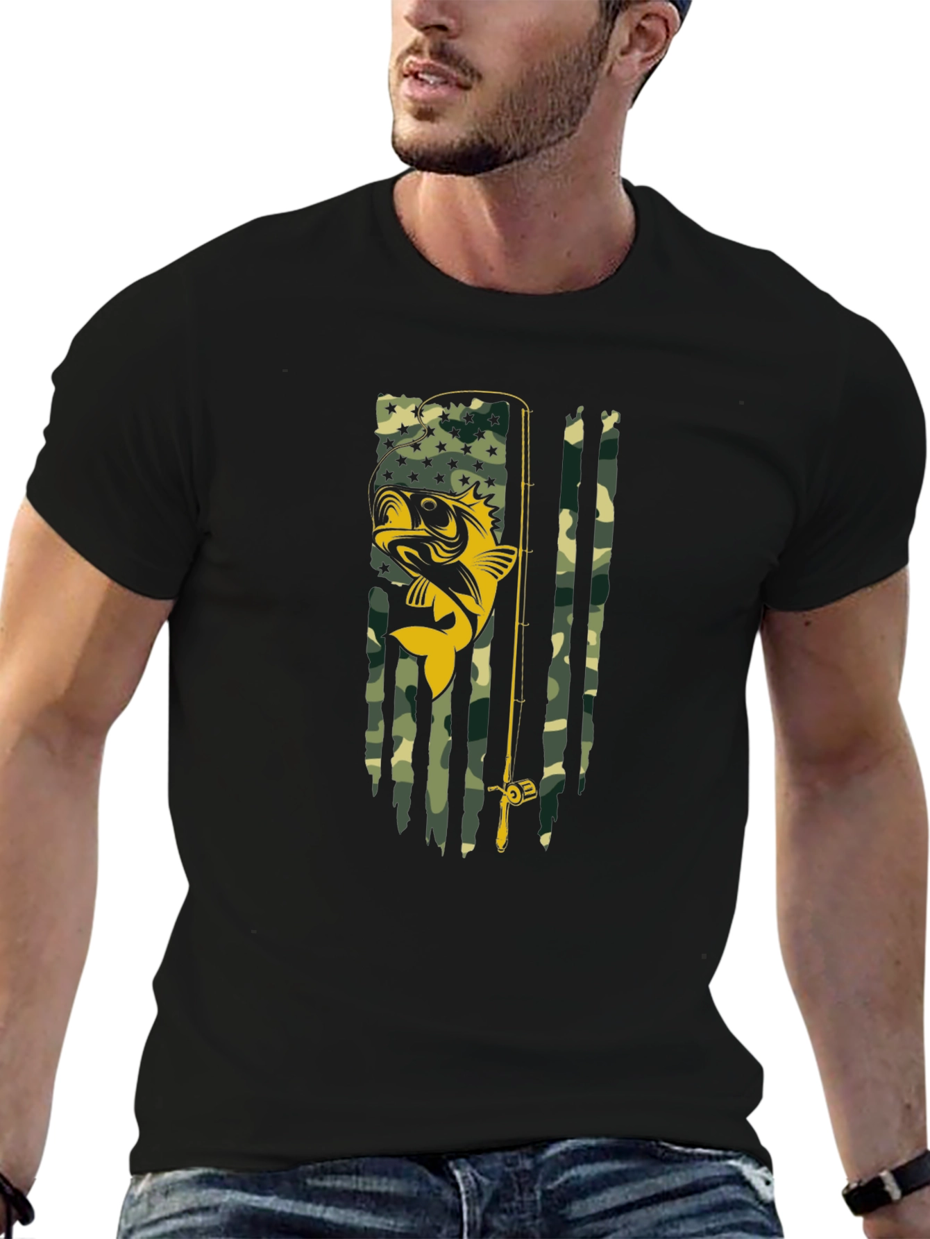 Fishing Flag Graphic T-Shirt - Camo Bass