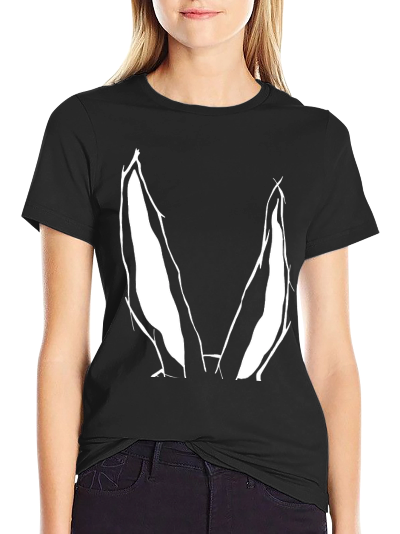 Bunny Ears Graphic Tee - Black Cotton Casual Top