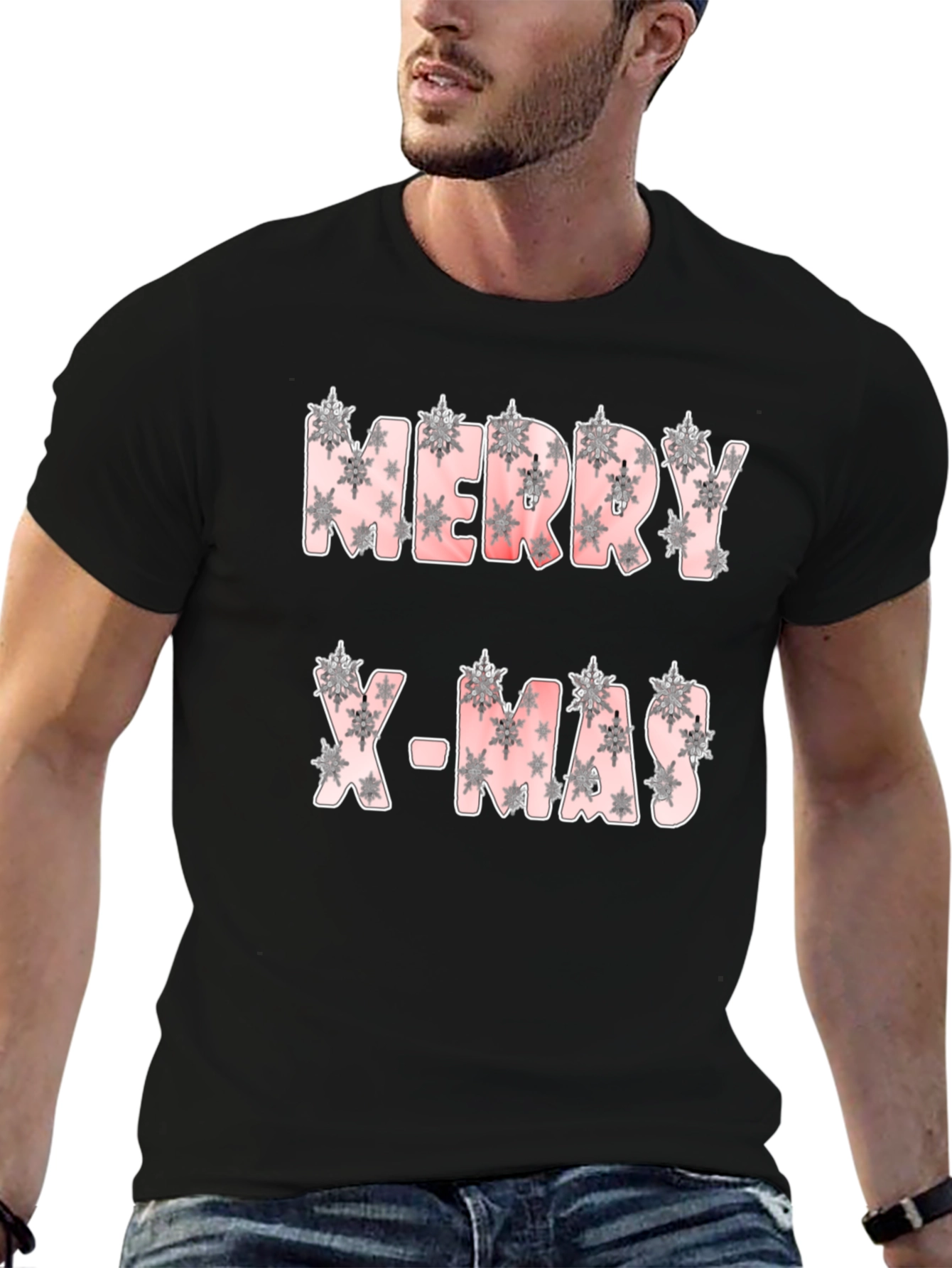 Merry X-Mas Snowflake Pattern Black T-Shirt