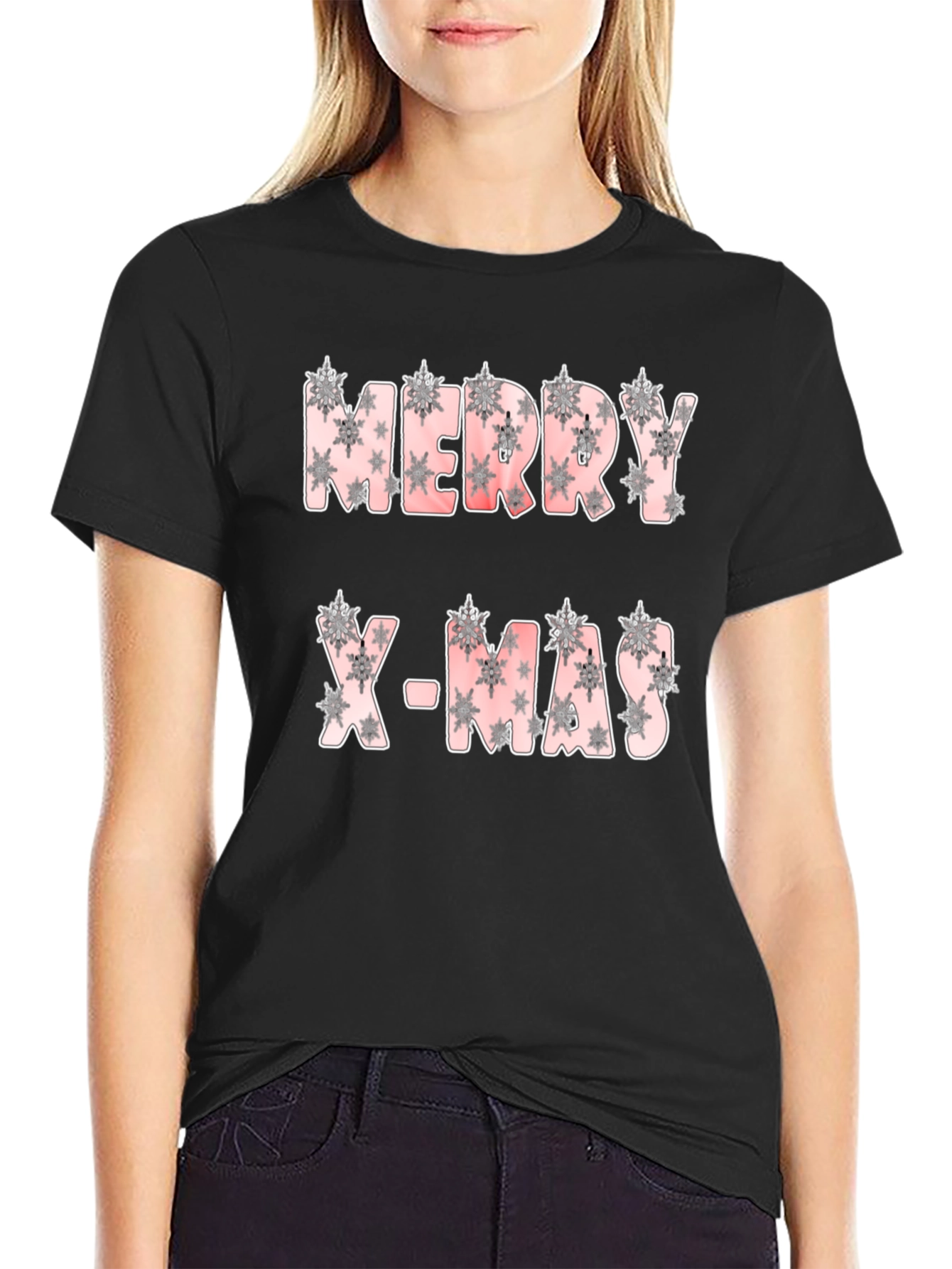 Merry X-Mas Snowflake Pattern Black T-Shirt