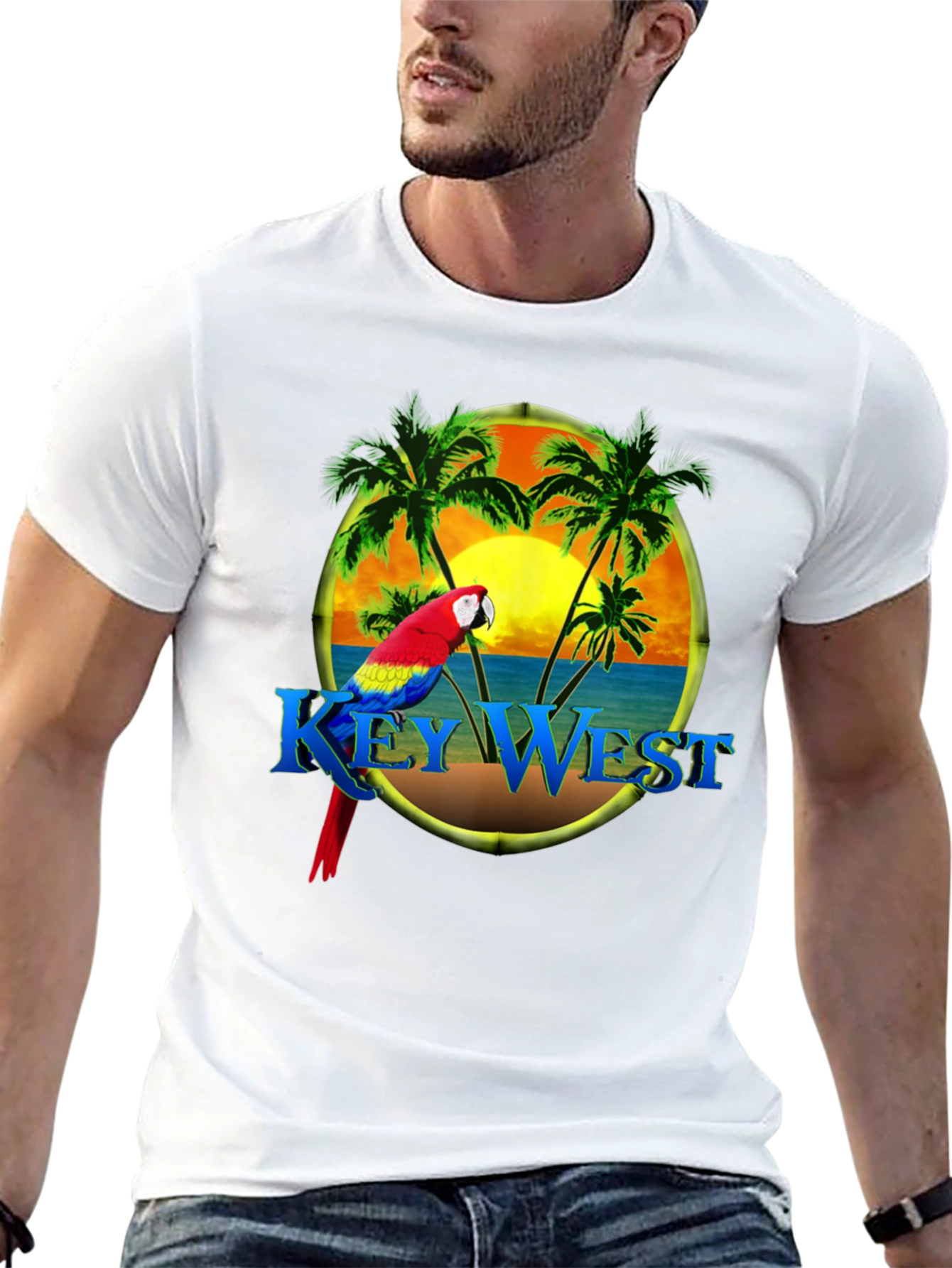 Key West Parrot T-Shirt - Tropical Palm Design