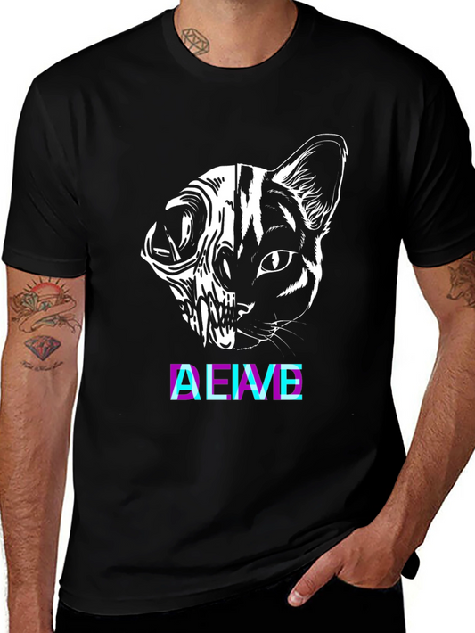 Cat Skull Graphic Tee - Alive Glitchcore Design
