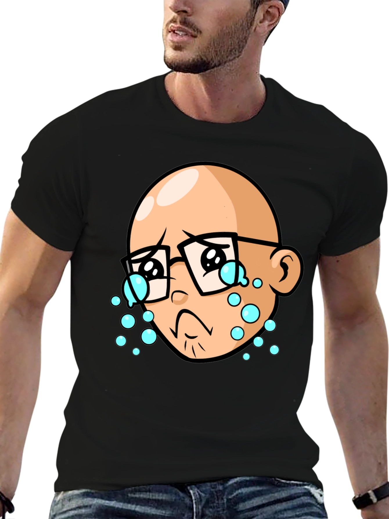 Crying Cartoon Man Black T-Shirt