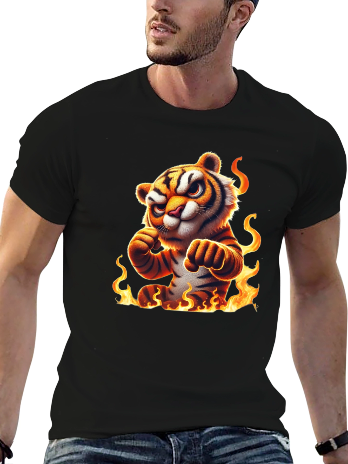 Fiery Tiger Graphic Tee - Bold Black Cotton T-Shirt