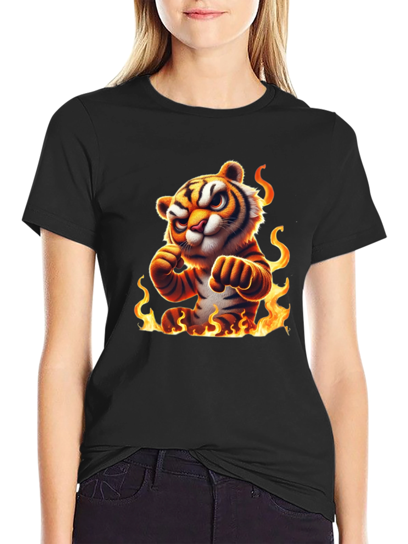 Fiery Tiger Graphic Tee - Bold Black Cotton T-Shirt