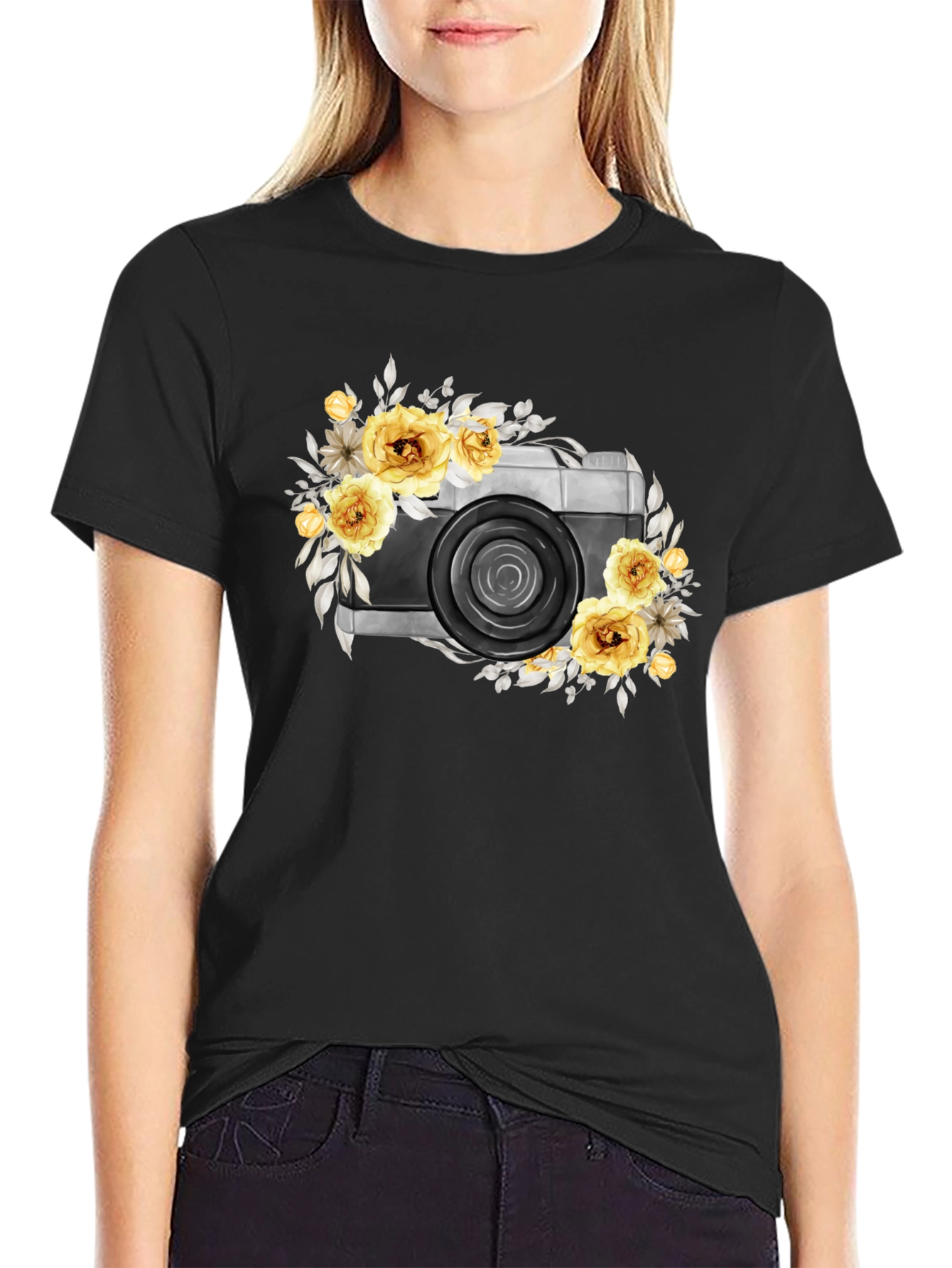 Floral Camera Graphic T-Shirt - Black Cotton Tee