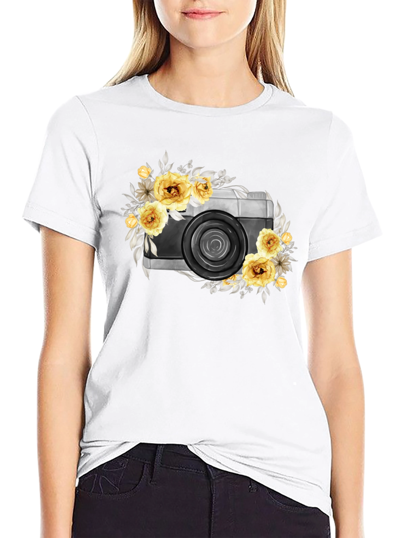 Floral Camera Graphic T-Shirt - Black Cotton Tee