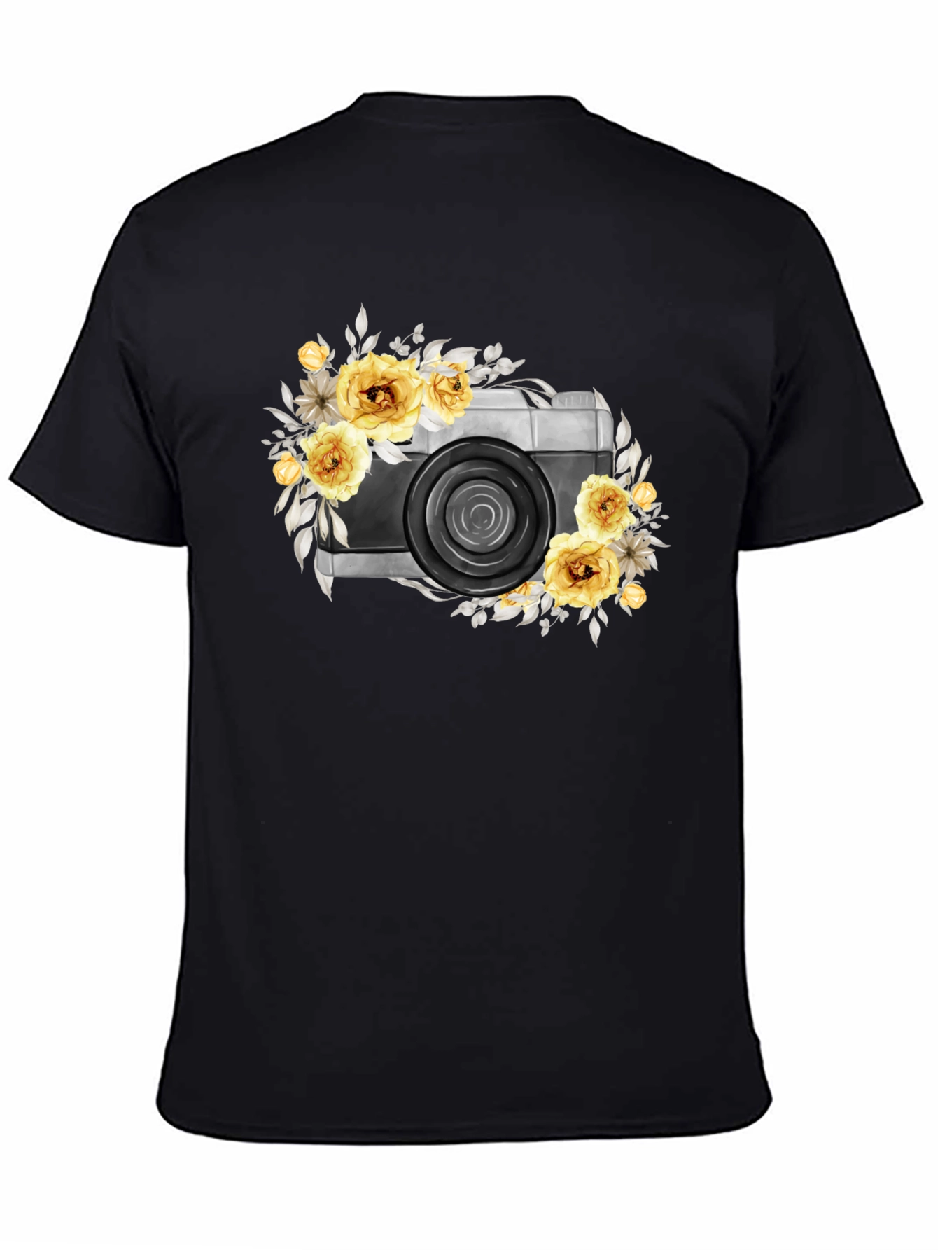 Floral Camera Graphic T-Shirt - Black Cotton Tee