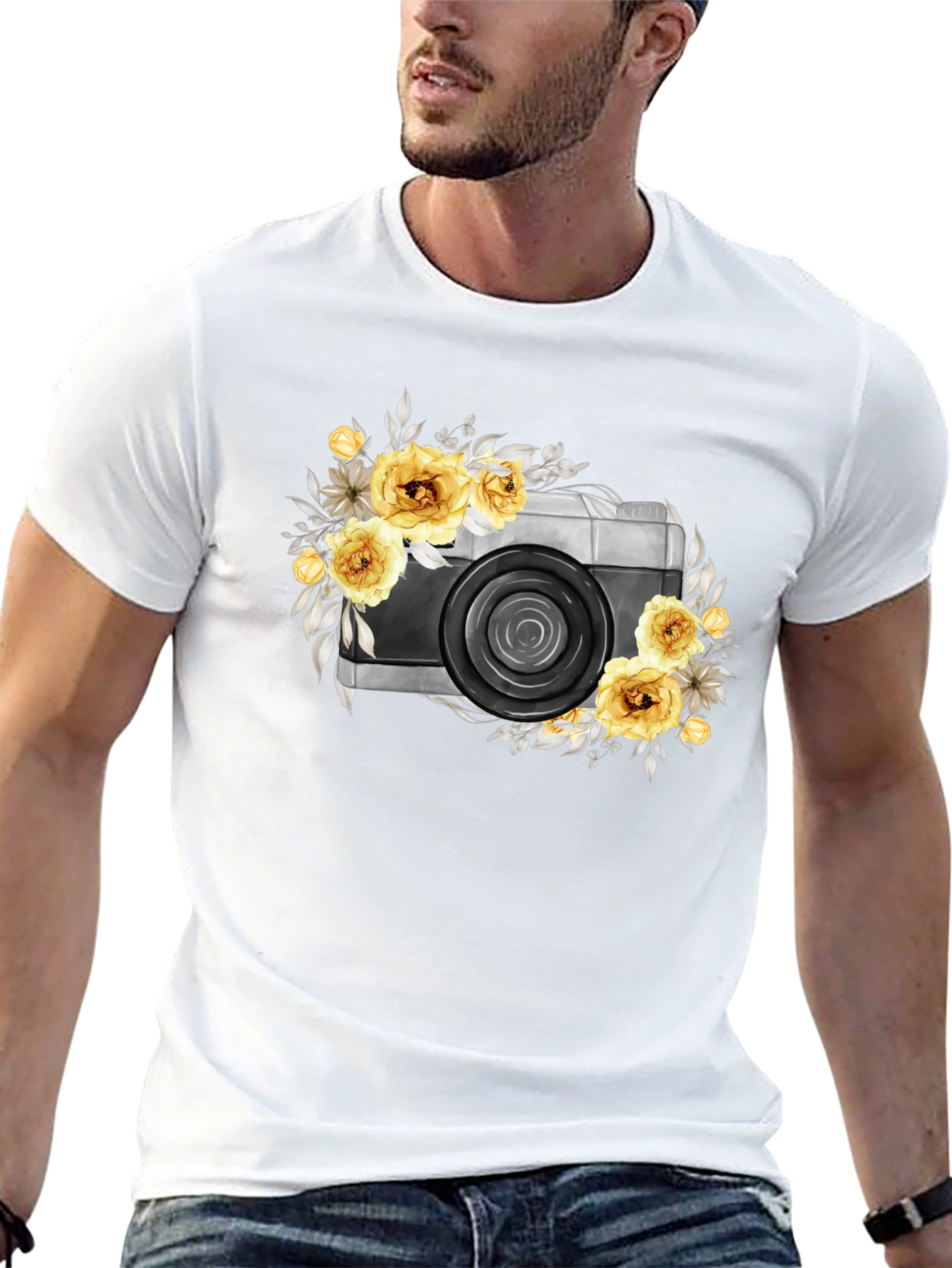 Floral Camera Graphic T-Shirt - Black Cotton Tee