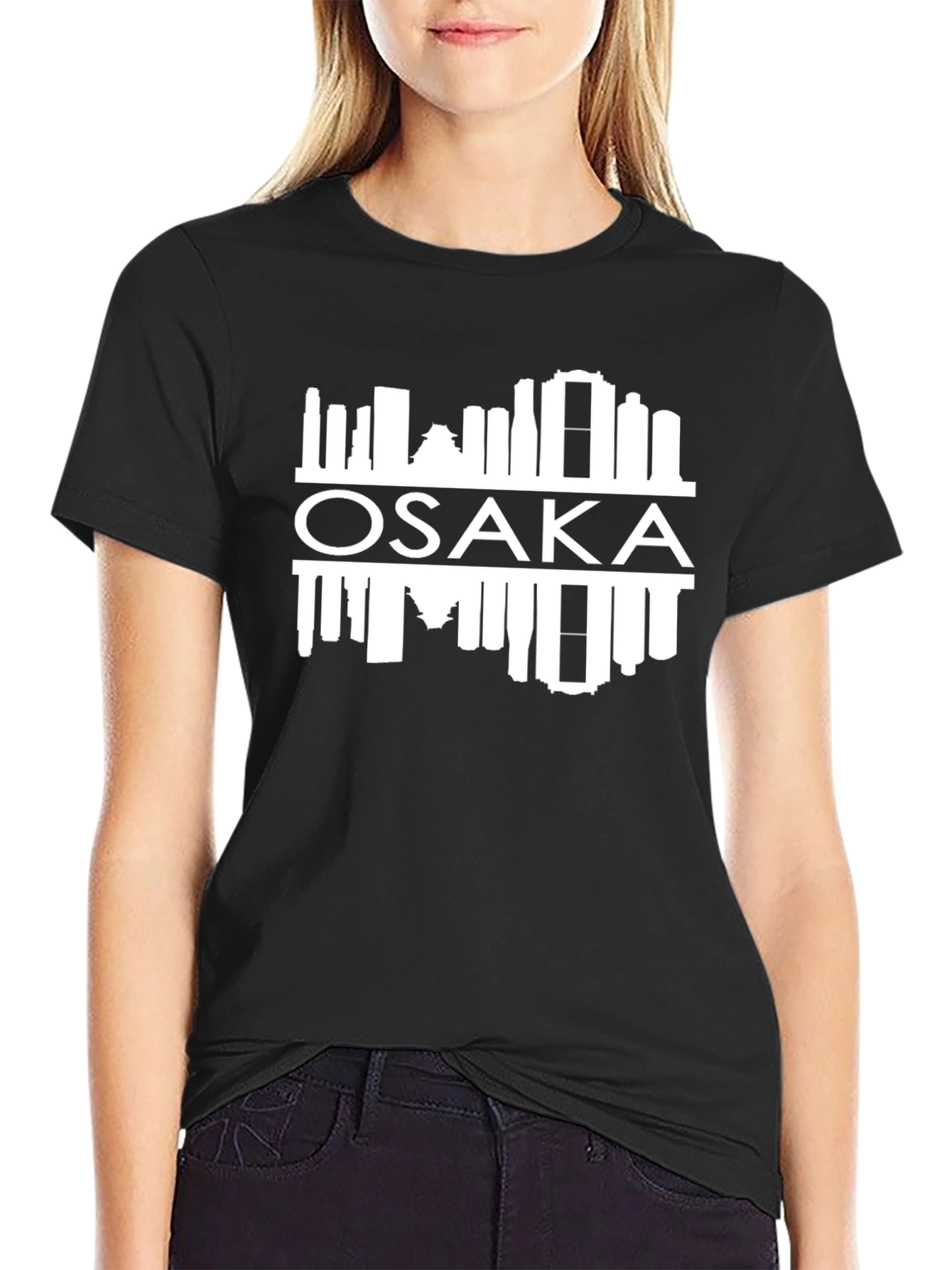 Osaka Skyline Graphic Tee - Black Crew Neck T-Shirt