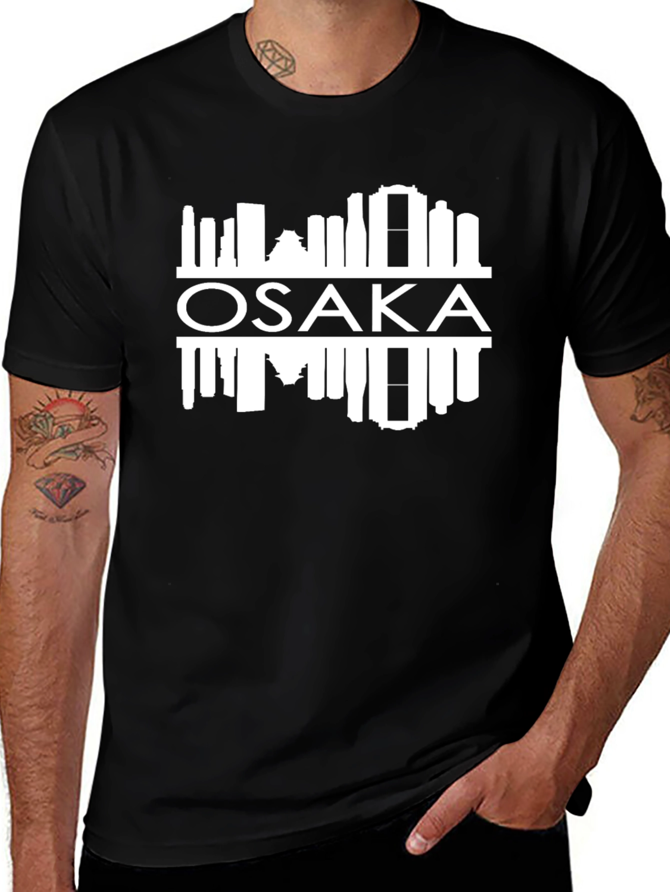Osaka Skyline Graphic Tee - Black Crew Neck T-Shirt