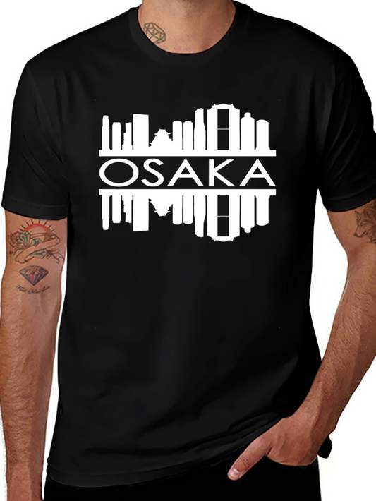 Osaka Skyline Graphic Tee - Black Crew Neck T-Shirt