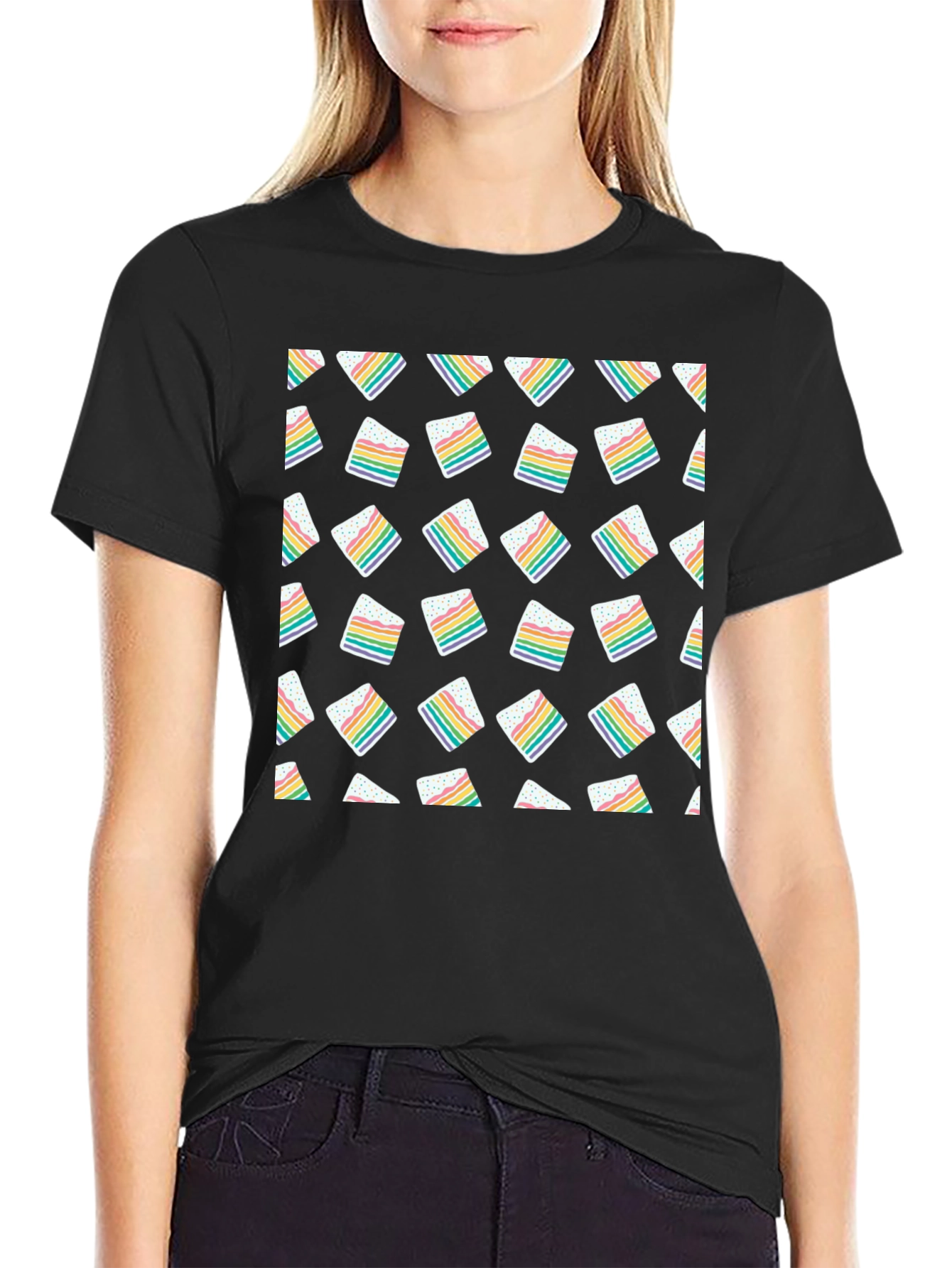 Rainbow Cake Slice Pattern Black T-Shirt