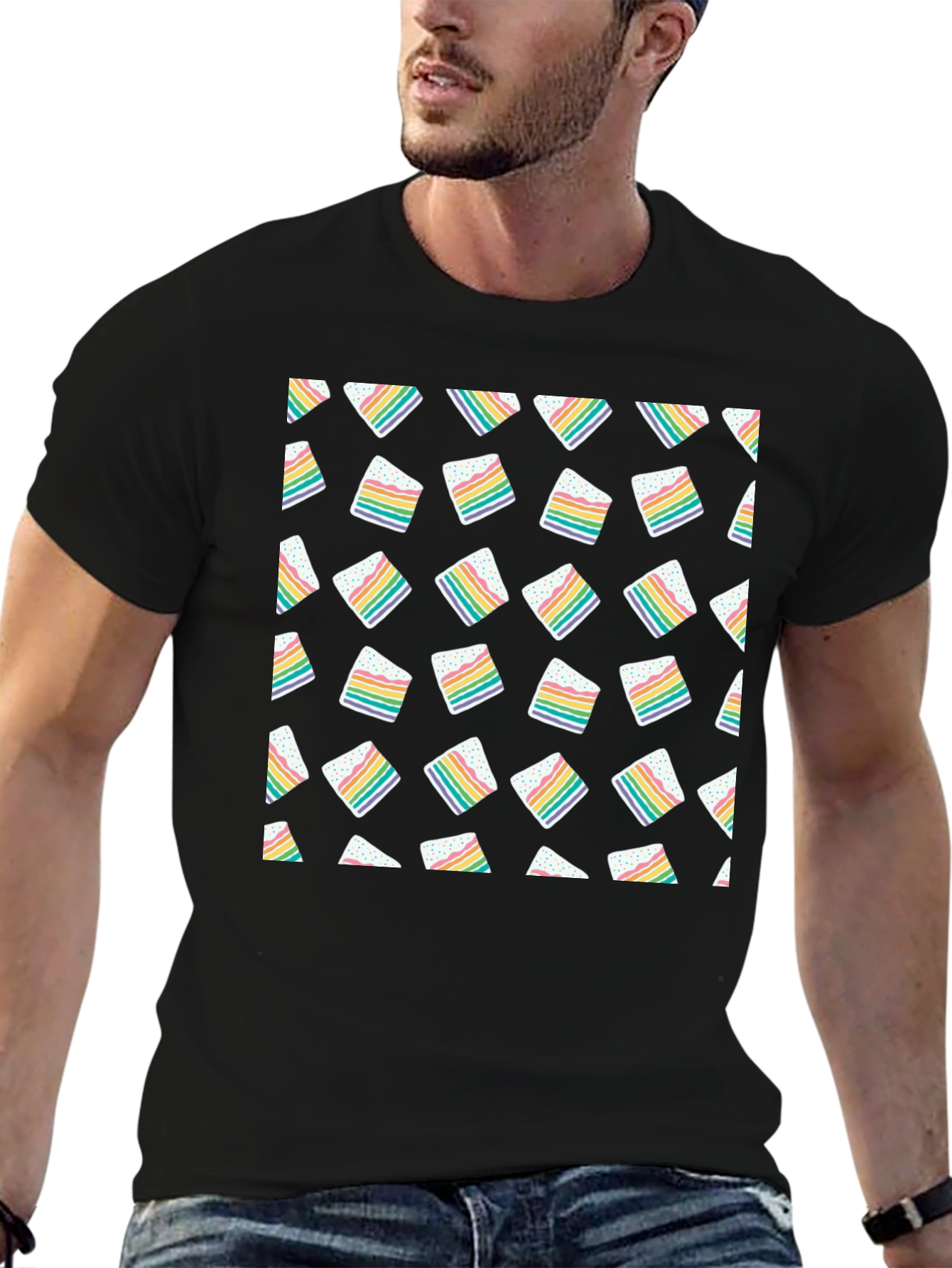 Rainbow Cake Slice Pattern Black T-Shirt