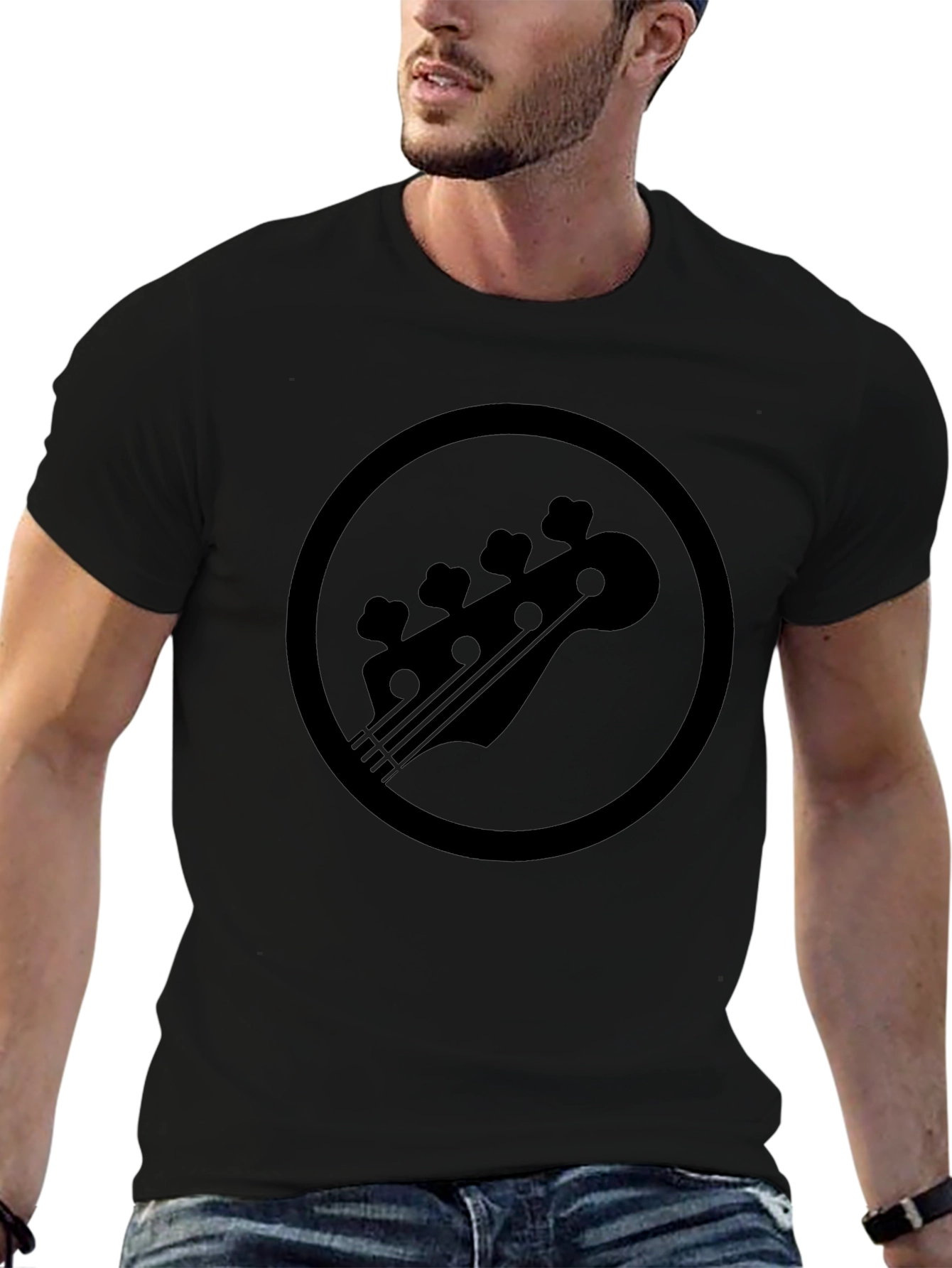 Black Bass Guitar Headstock Circle Graphic T-Shirt