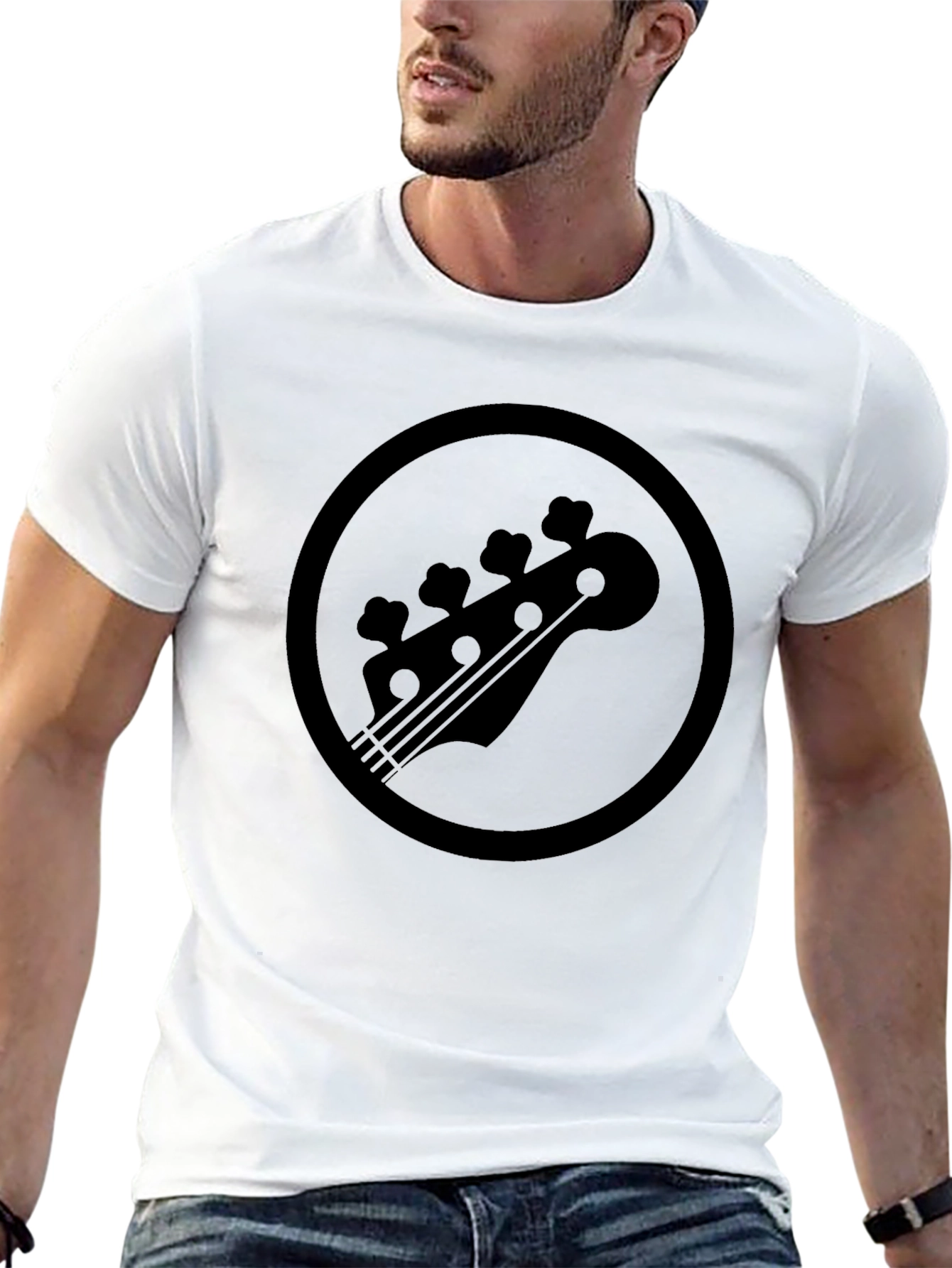 Black Bass Guitar Headstock Circle Graphic T-Shirt