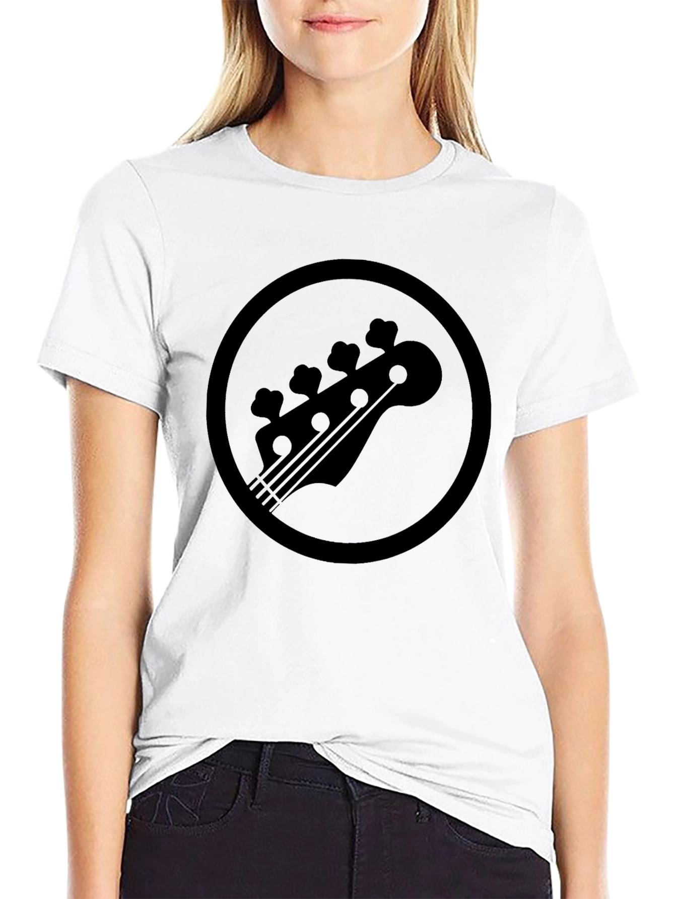 Black Bass Guitar Headstock Circle Graphic T-Shirt
