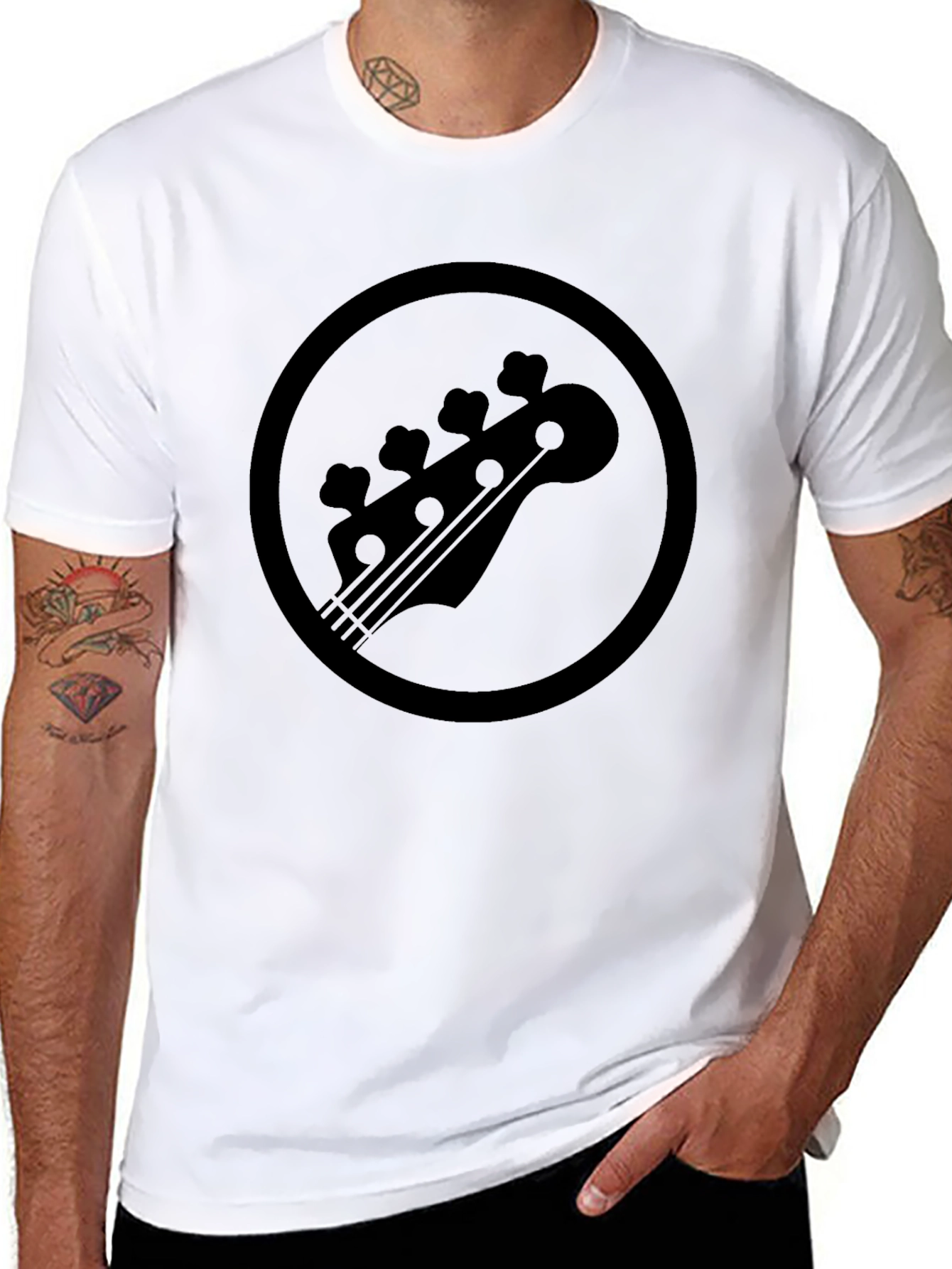 Black Bass Guitar Headstock Circle Graphic T-Shirt