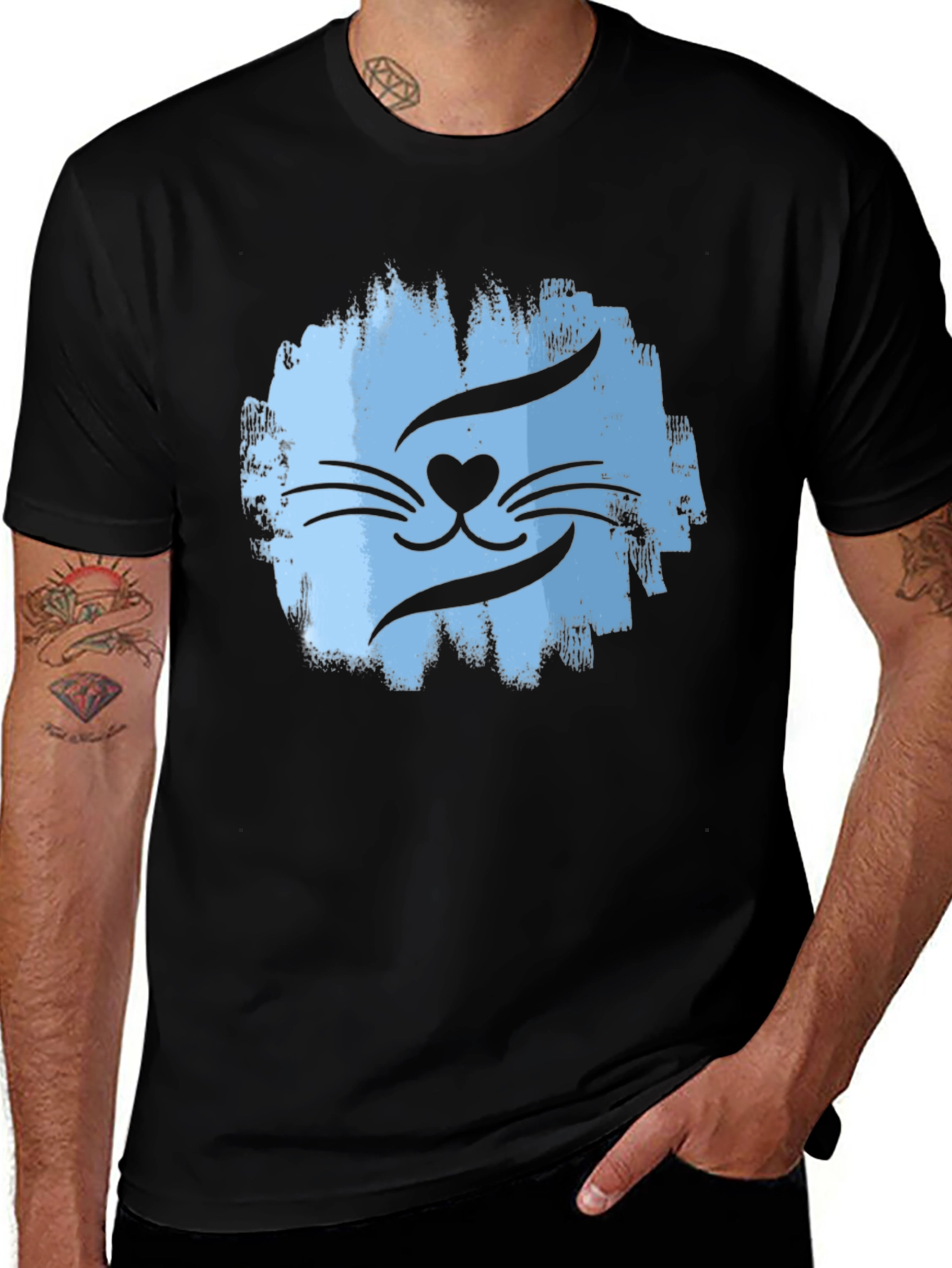 Cool Cat Face Graphic T-Shirt - Mens Black Tee