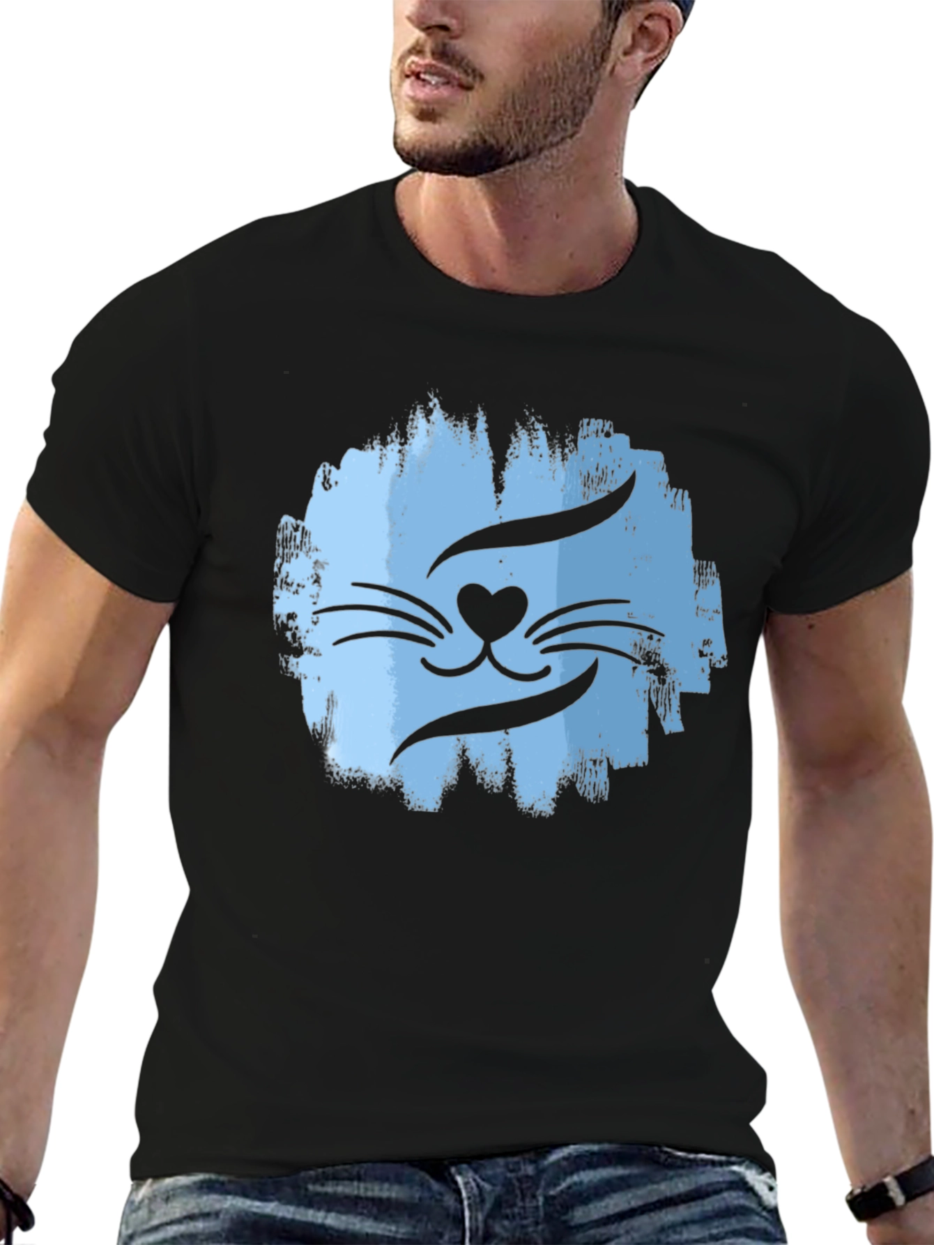 Cool Cat Face Graphic T-Shirt - Mens Black Tee