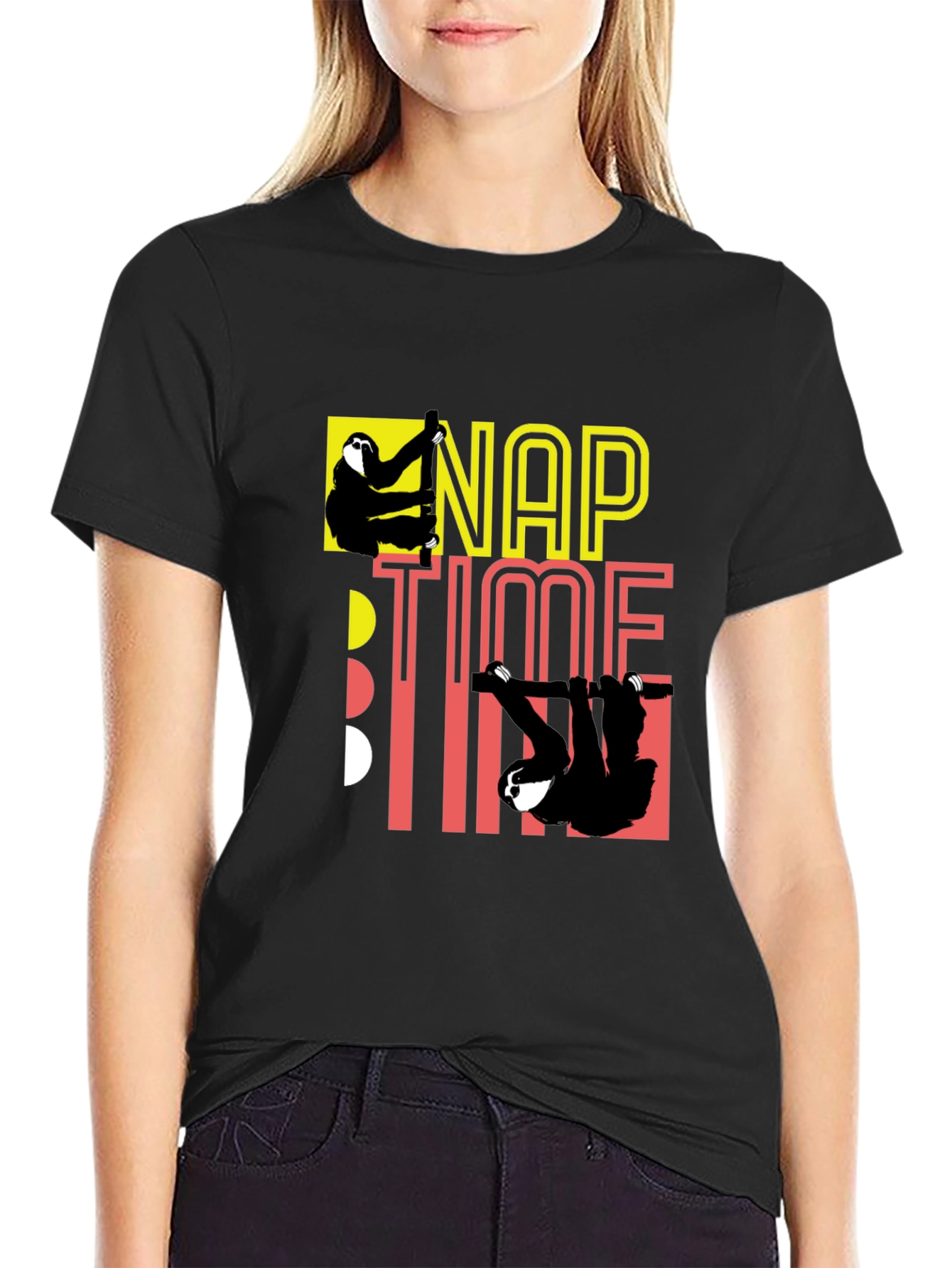 Nap Time Sloth Graphic Black T-Shirt