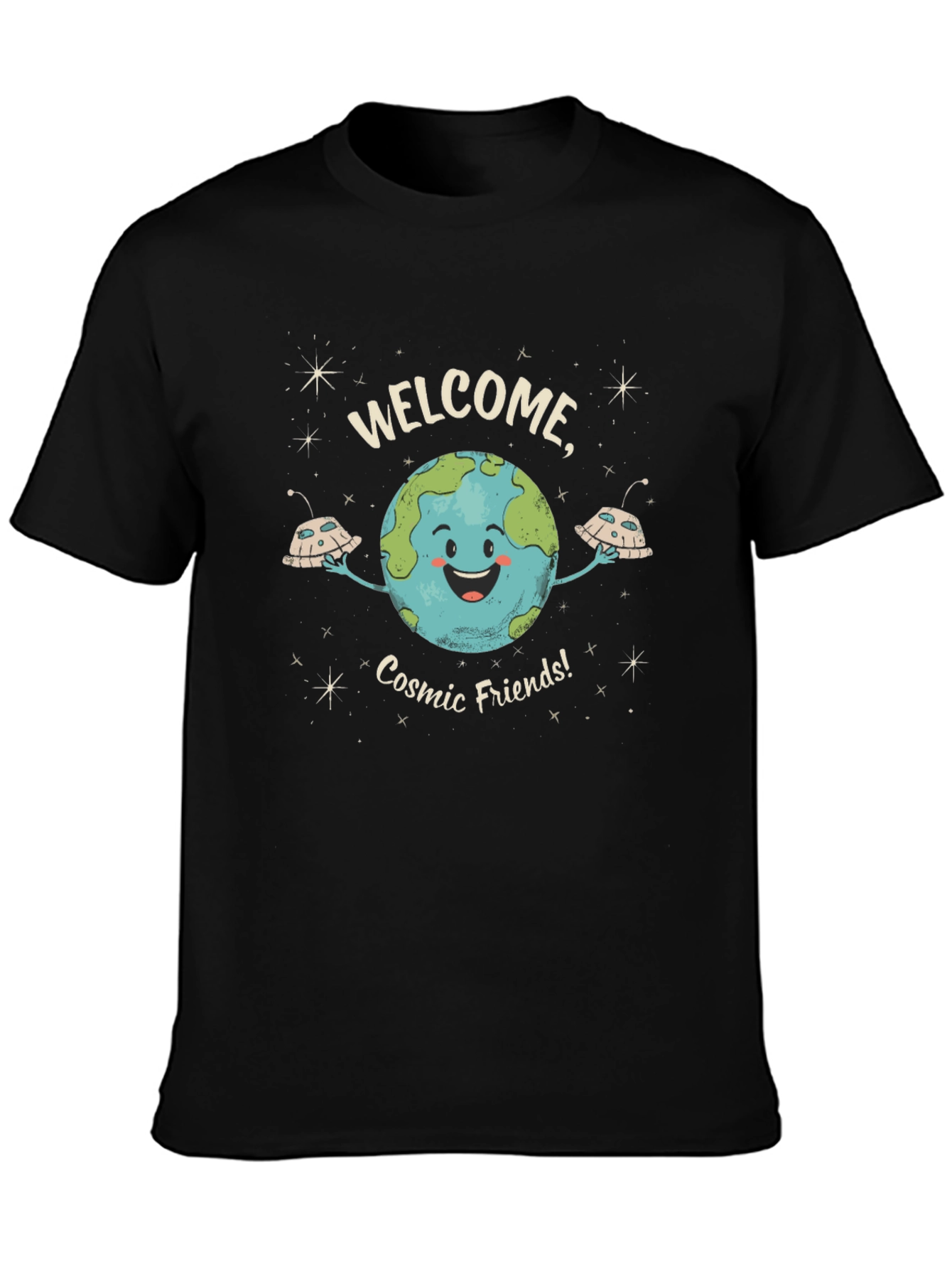 Welcome Cosmic Friends Black Graphic T-Shirt