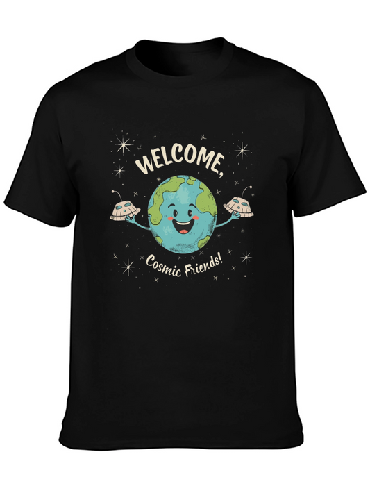 Welcome Cosmic Friends Black Graphic T-Shirt