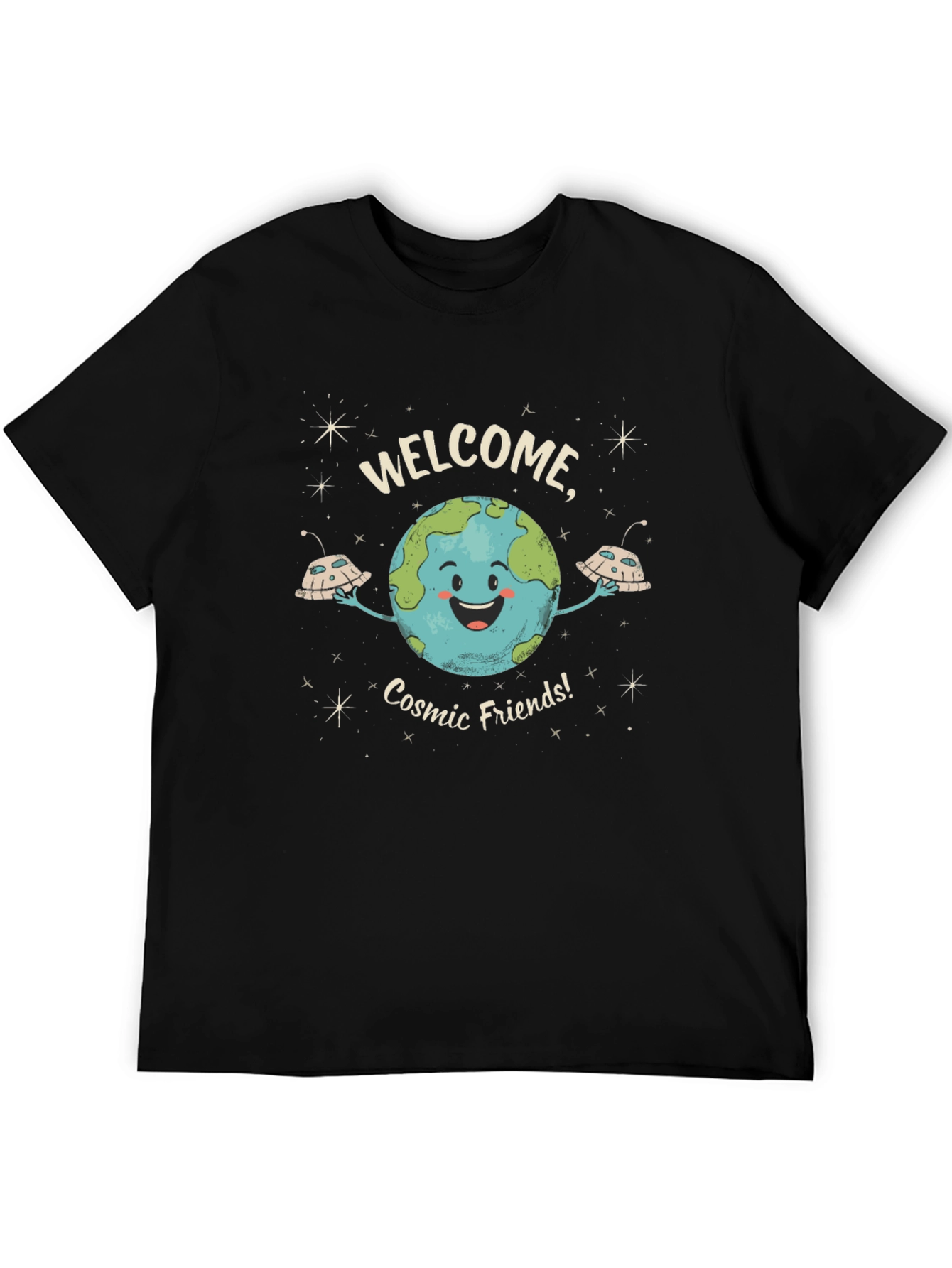 Welcome Cosmic Friends Black Graphic T-Shirt