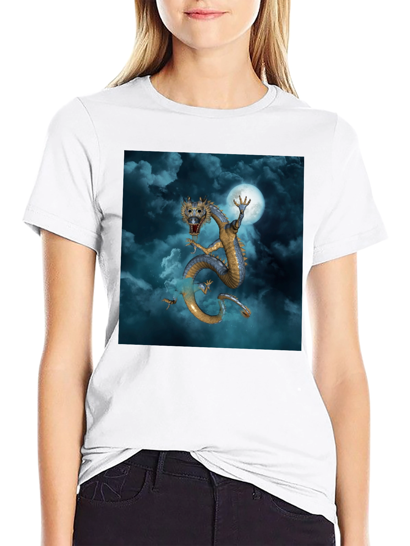 Dragon & Moon Graphic Tee - Premium Black Cotton