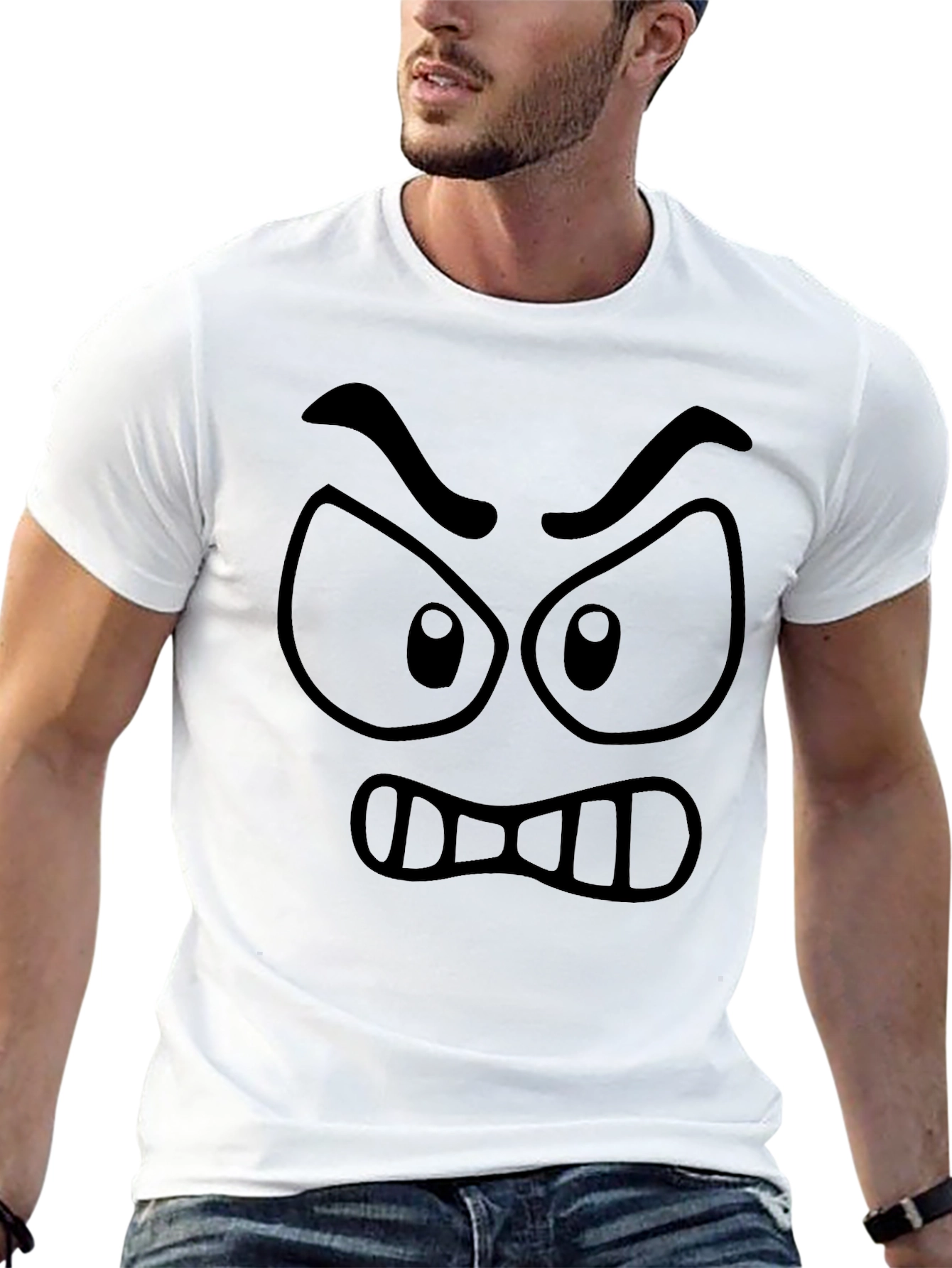 Angry Face Graphic T-Shirt - Black Crew Neck
