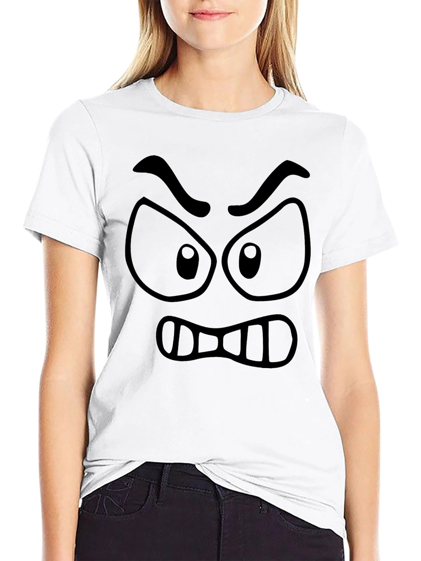 Angry Face Graphic T-Shirt - Black Crew Neck