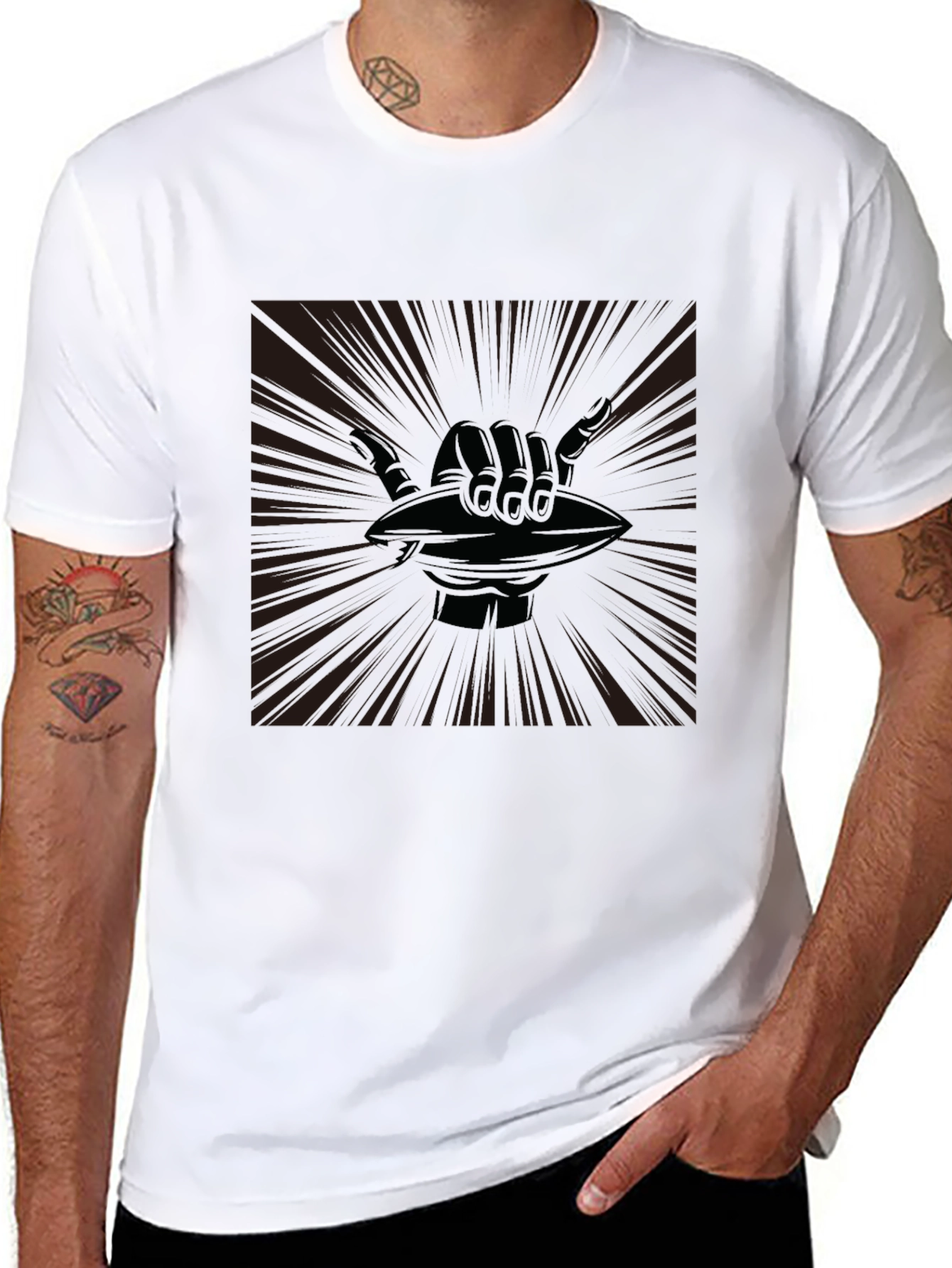 Shaka Hand Football Graphic Tee - Casual Black T-Shirt