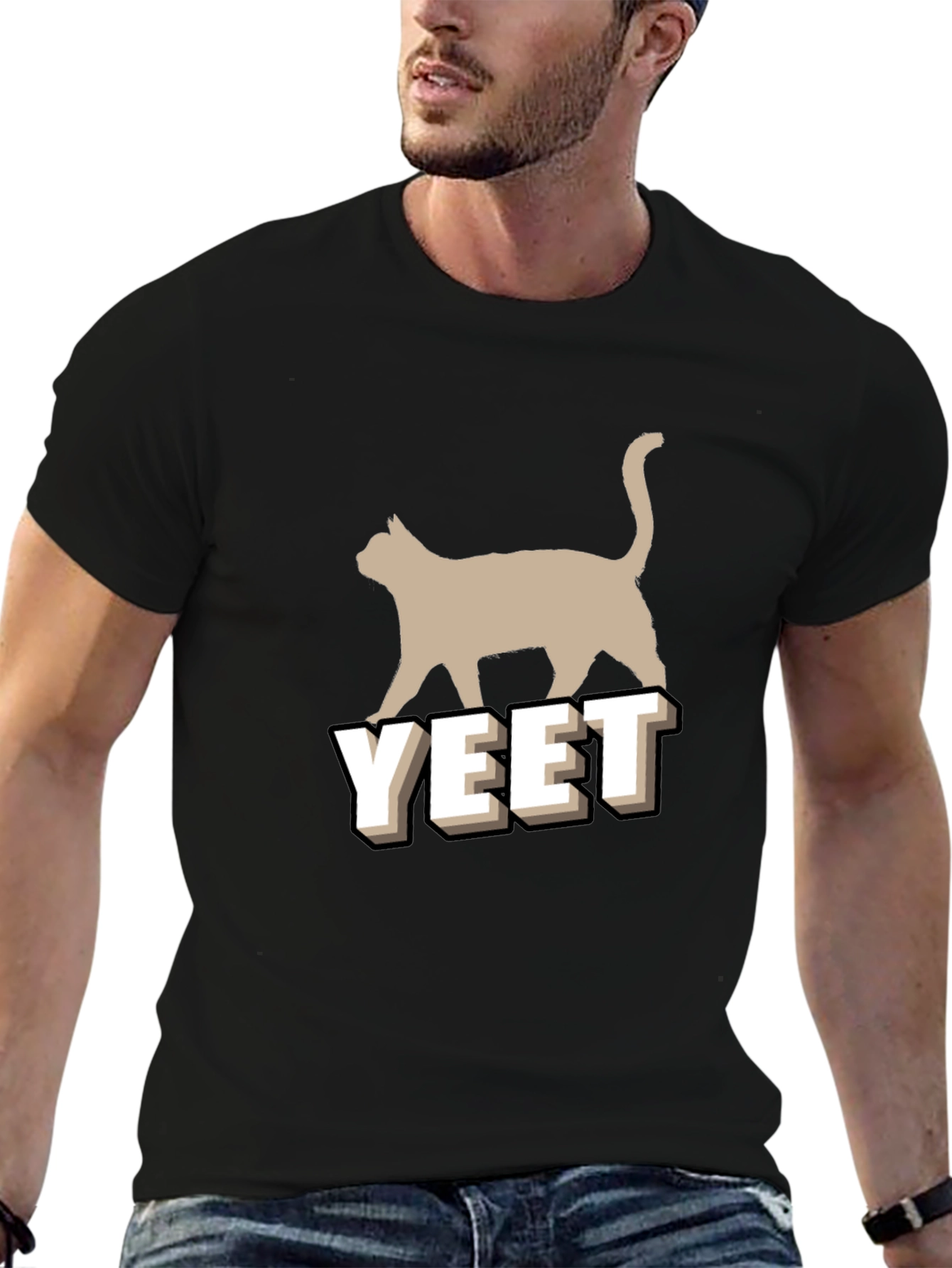 Yeet Cat Graphic Tee - Unisex Black Cotton T-Shirt