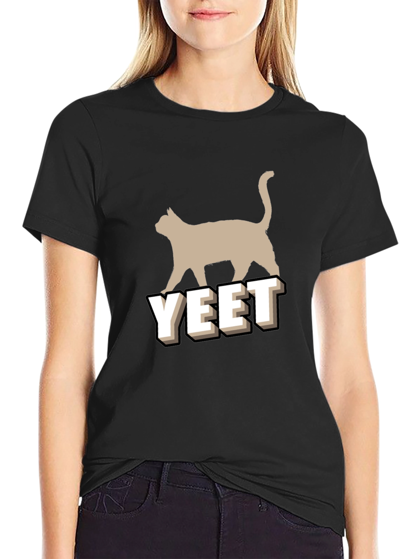 Yeet Cat Graphic Tee - Unisex Black Cotton T-Shirt