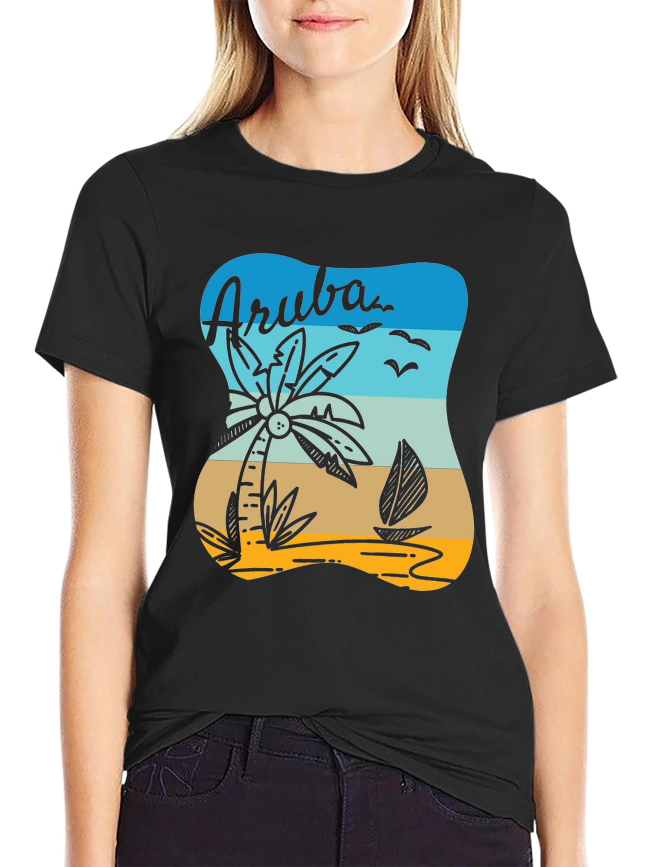 Aruba T-Shirt Palm Tree Sailboat Beach Vacation Tee