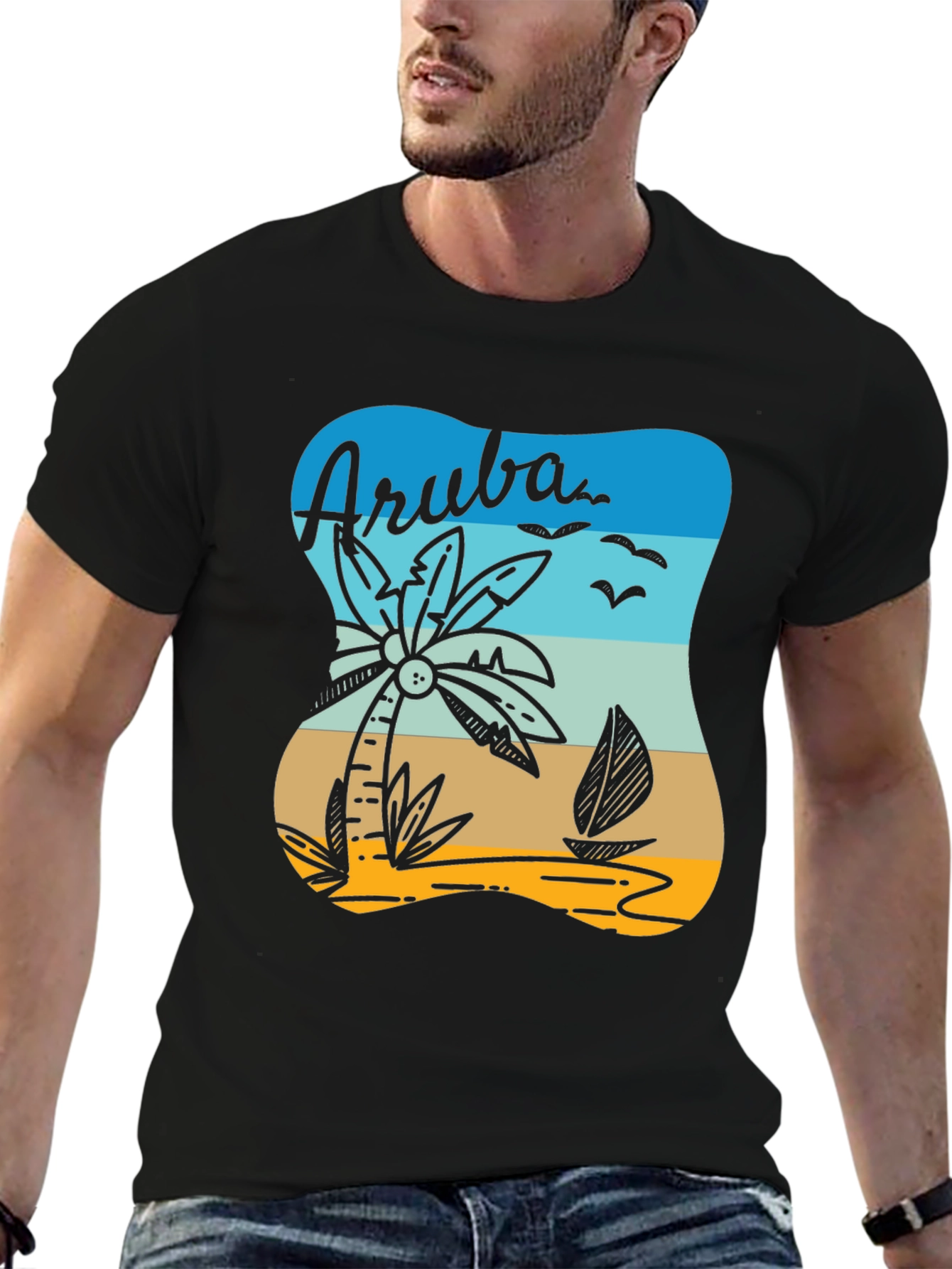 Aruba T-Shirt Palm Tree Sailboat Beach Vacation Tee